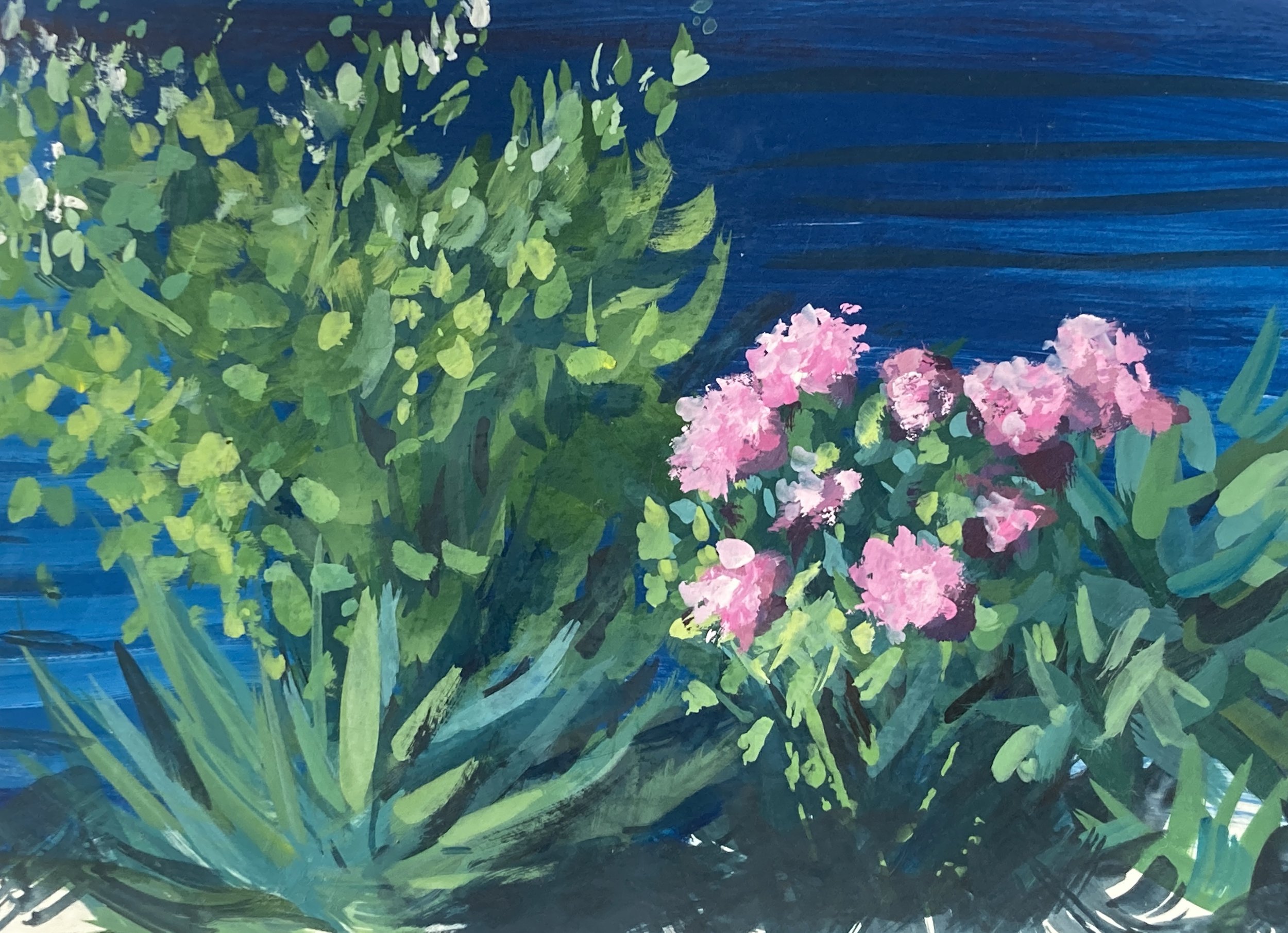  Peonies with Blue 2021 Gouache on paper 6x8” 