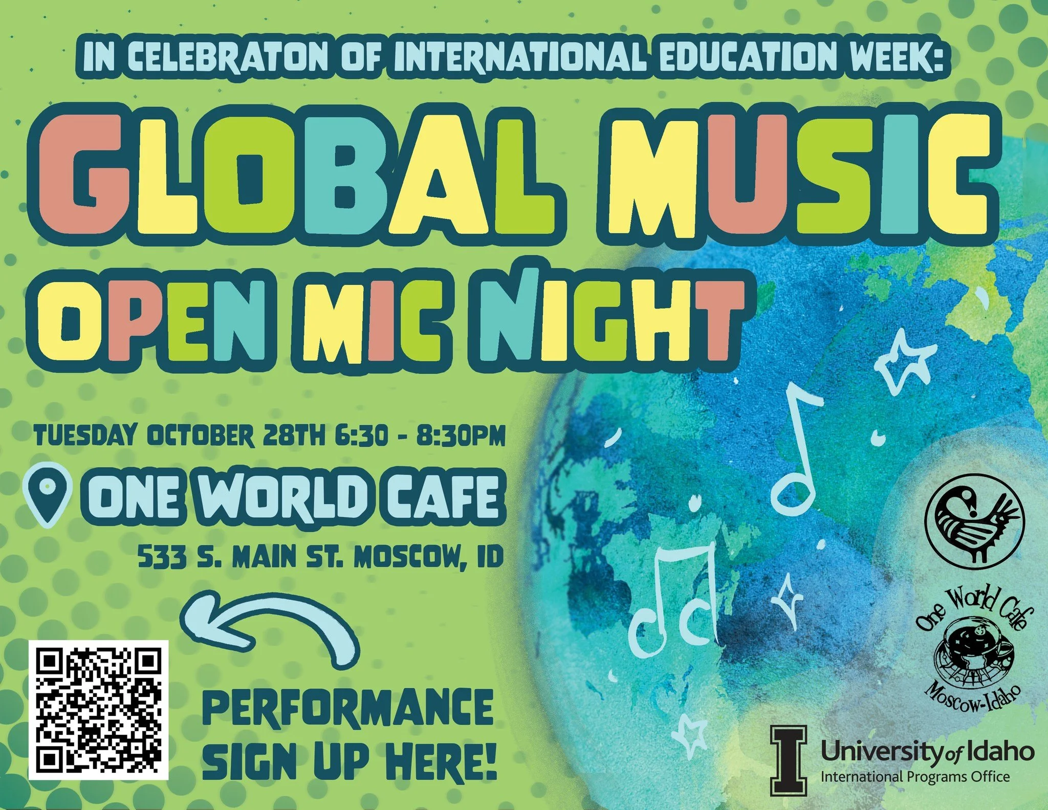 TOMORROW starting at 6:30 Global Music Open Mic Night! 
Join the UI International Programs Office at One World Caf&eacute; (533 S Main St, Moscow) for an exciting night of music and culture in celebration of International Education Week! Whether you'