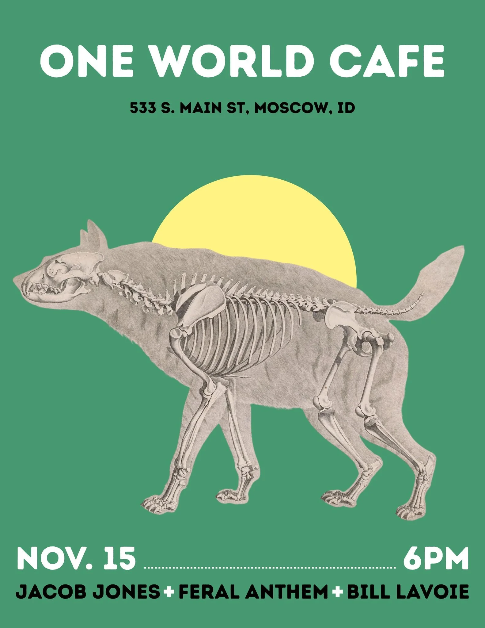 TOMORROW, Saturday starting at 6:00: Feral Anthem with Jacob Jones and Bill LaVoie! 

Spokane based singer songwriters, plus Moscow&rsquo;s own Bill LaVoie. These guys are for real. 

https://www.instagram.com/FERAL.ANTHEM

https://feralanthem.bandca