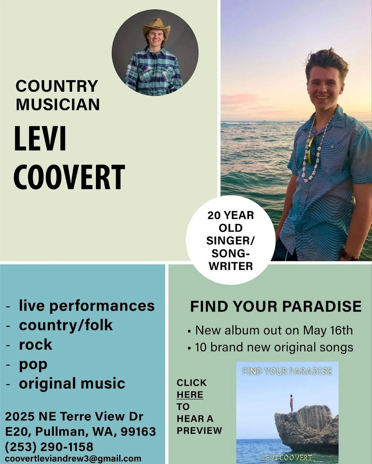 TONIGHT, Saturday starting at 6:00: Levi Coovert
Levi plays a selection of popular covers and original tunes.Country/Folk, Rock, Pop
levicoovert.com Instagram @levicoove
https://youtu.be/qP8_xvHCfRs #livemusic #folkmusic #countrymusic