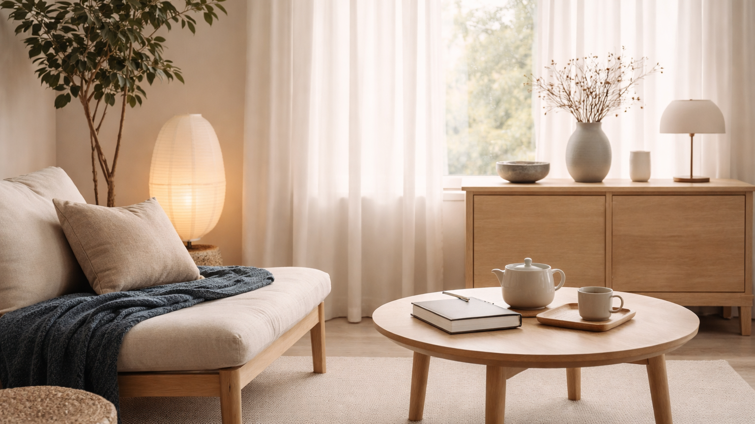 Calm, comfortable living room setting used to convey a restful and reflective environment for growth and coaching