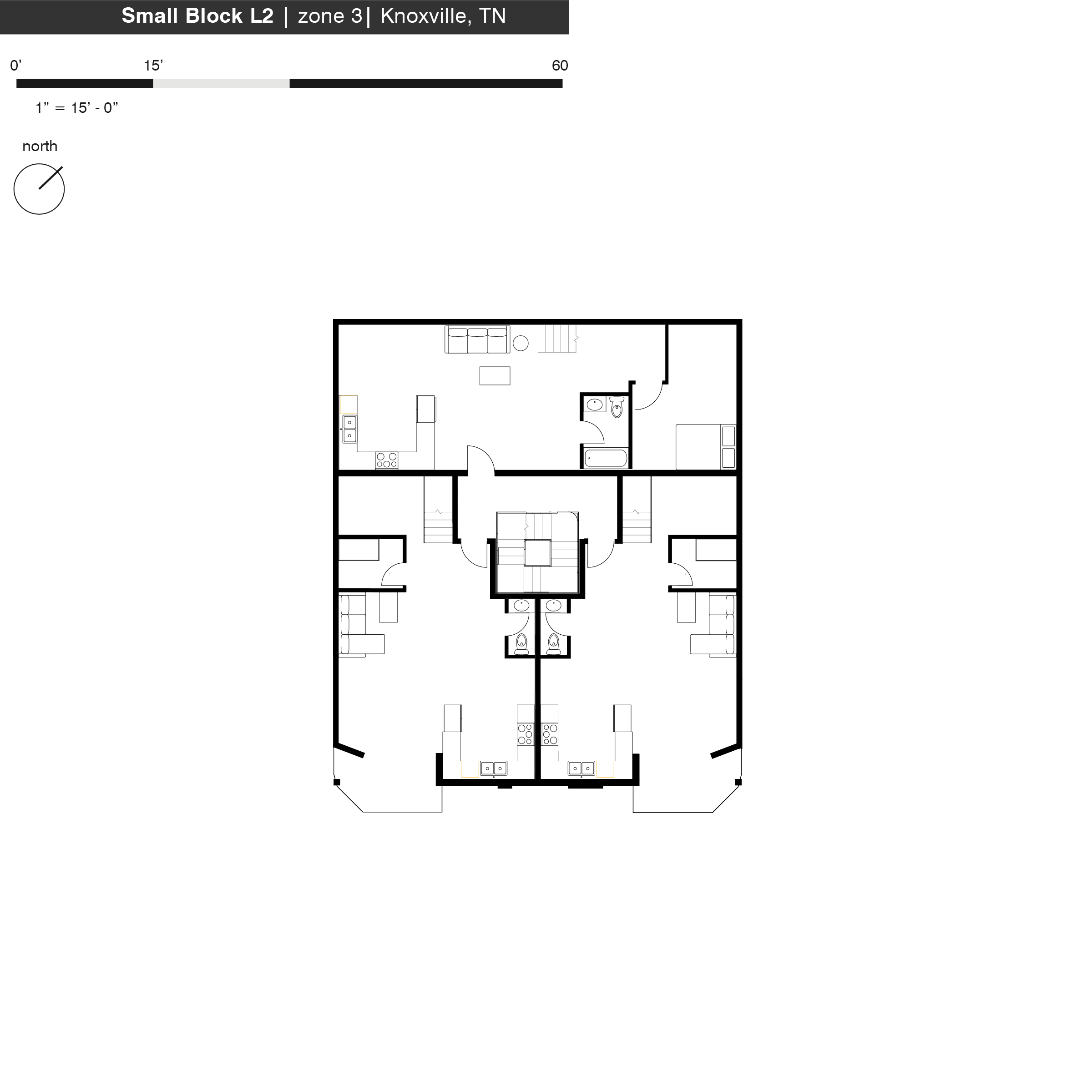 The upper levels of the smaller unit typology feature two one-bedroom dwellings and one larger, market-rate two-bedroom dwelling.