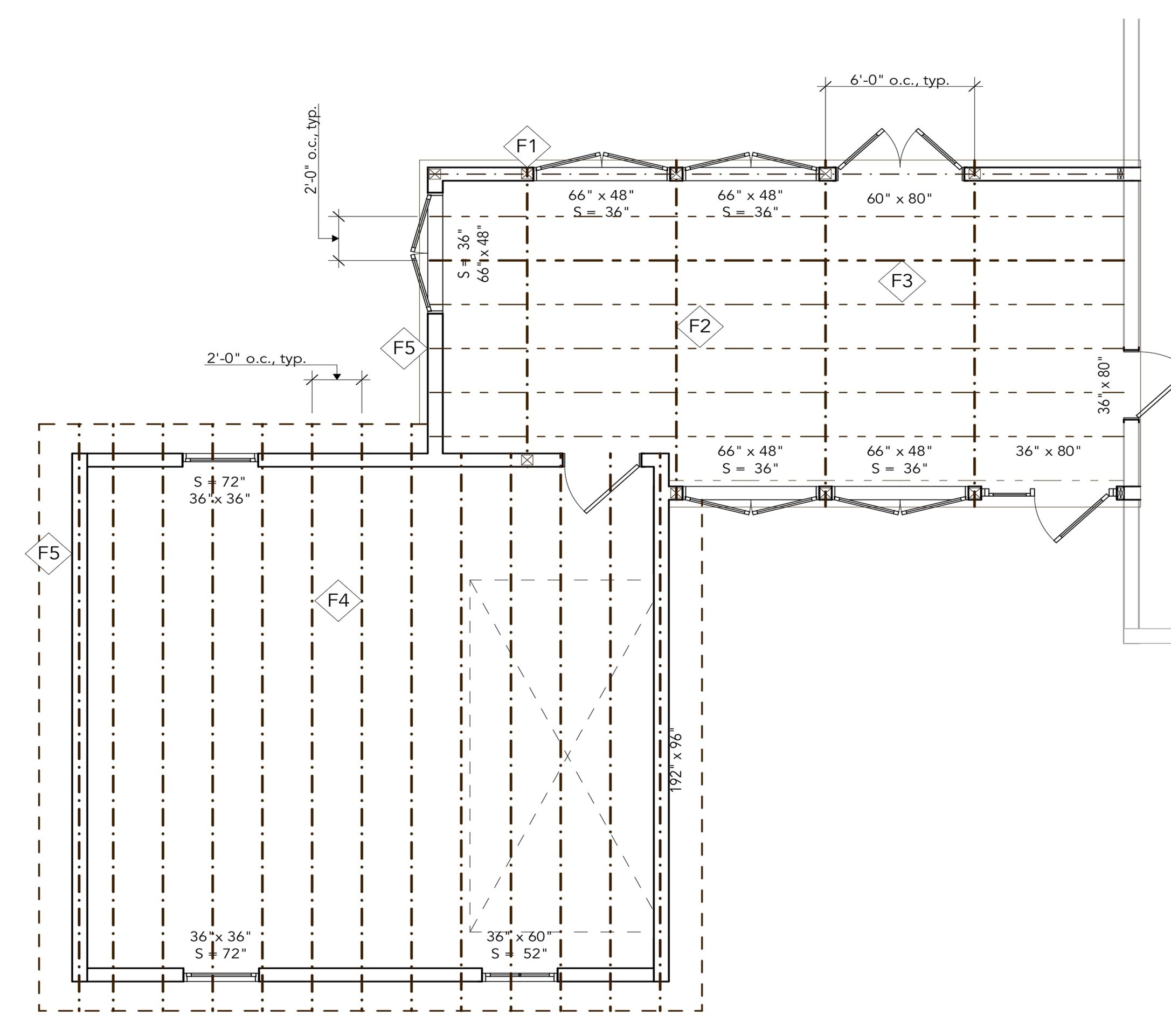 Plan showing a schematic guide for framing the gabled roof of the garage and the flat roof of the solarium.