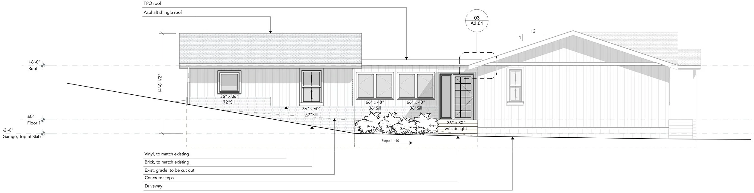 Elevation depicting the connection between garage, solarium, and existing home.