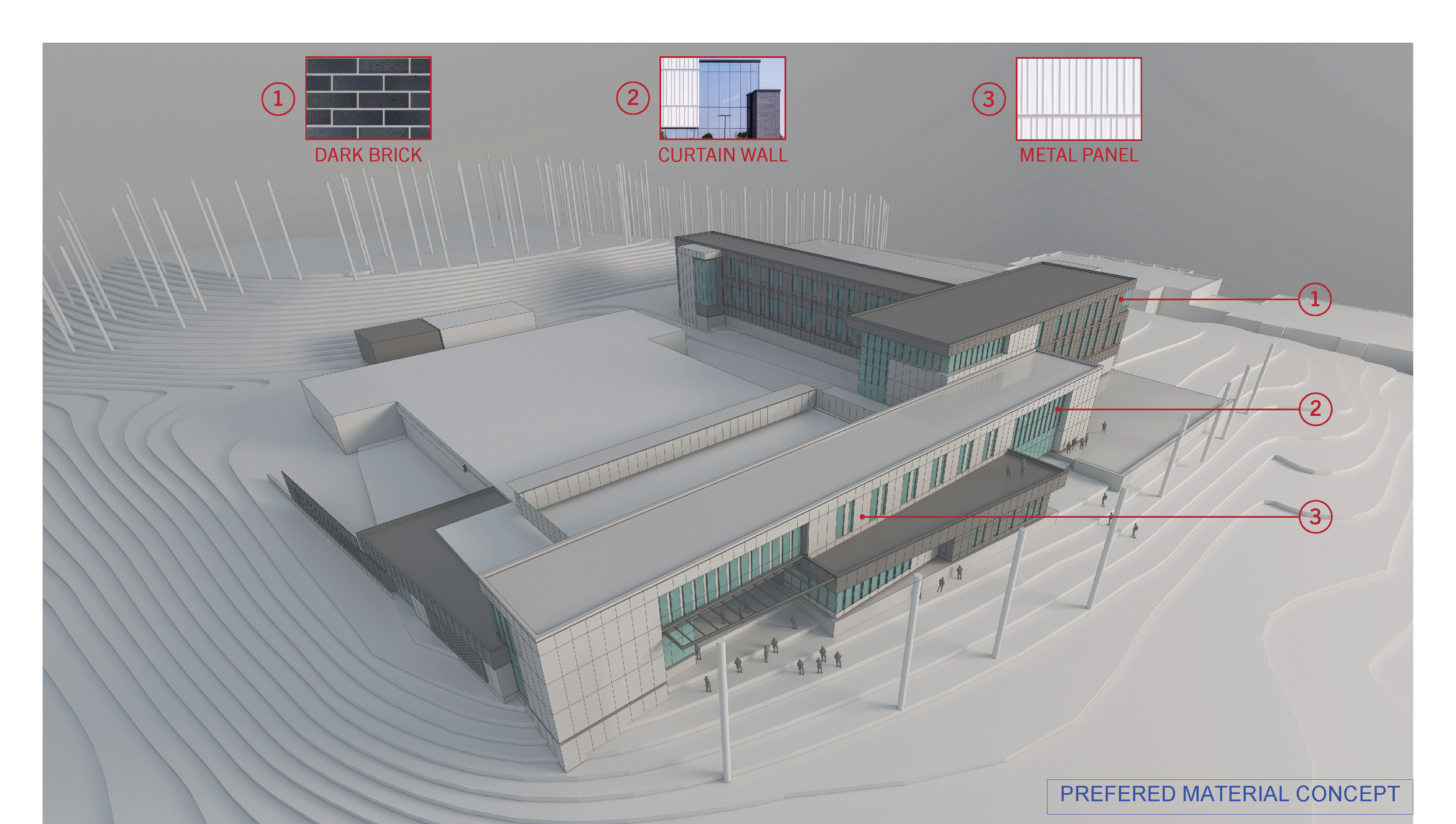 The material palette for the project features a combination of brick veneer, metal wall panels, and aluminum glazed openings. Continuous exterior insulation and weather barrier provide a complete, efficient envelope.