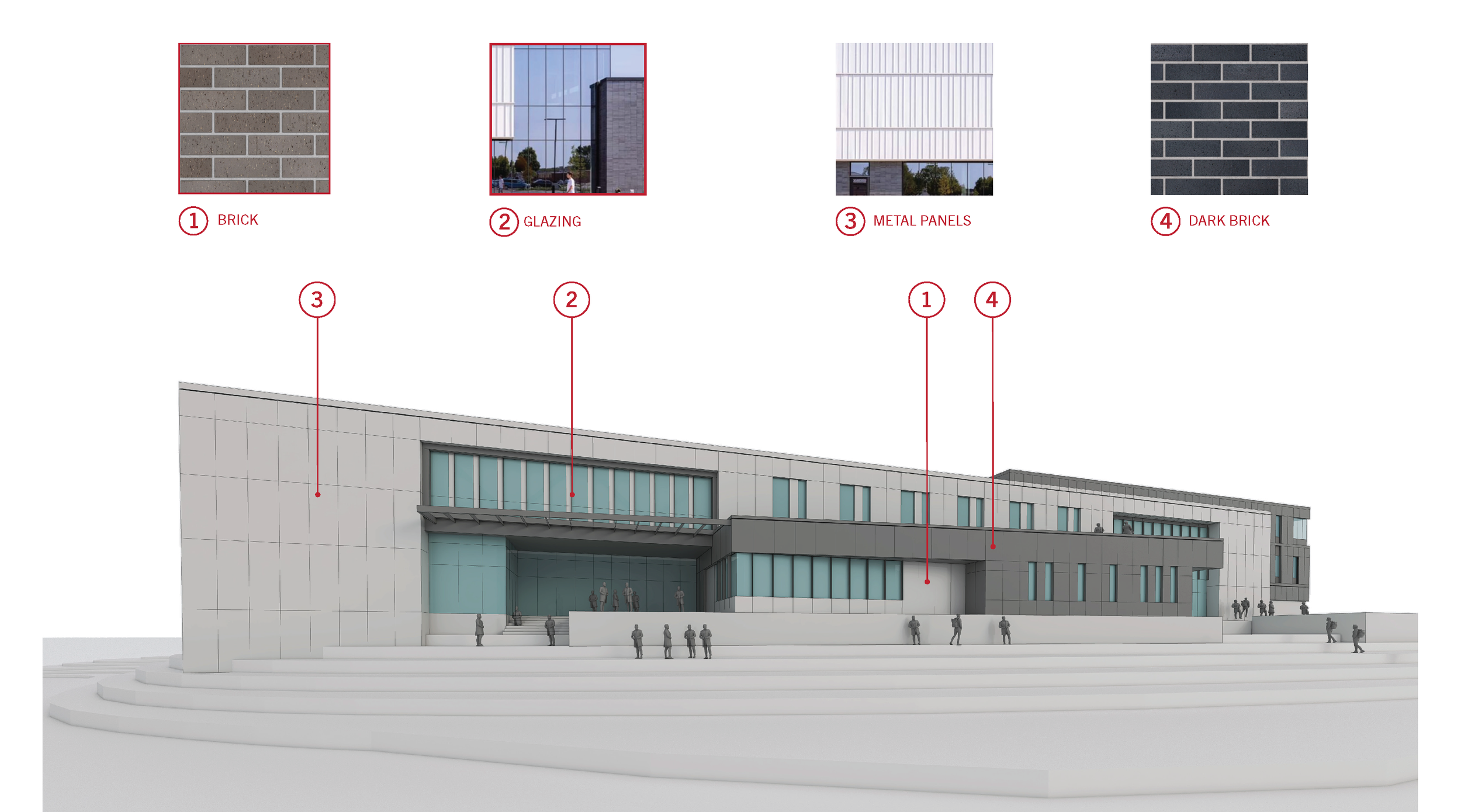 Key exterior features include a significant community room rentable to the public, a pre-function patio for separate entry during events, separate rooftop terraces for faculty and students, and a large monumental stair with integrated, tiered seating