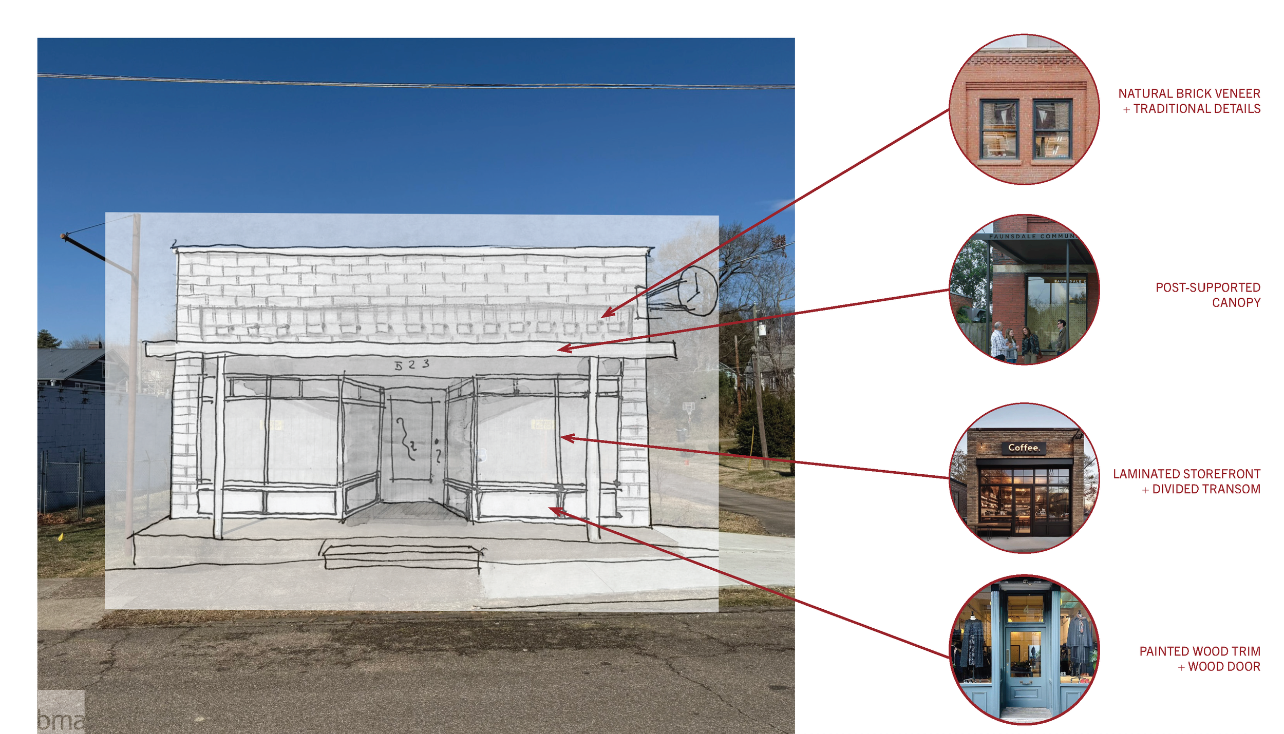 One design option features a simple post-supported canopy, more traditional detailing in the proposed brick veneer to soften the "forehead", and classic wood trim beneath modernized storefront windows.