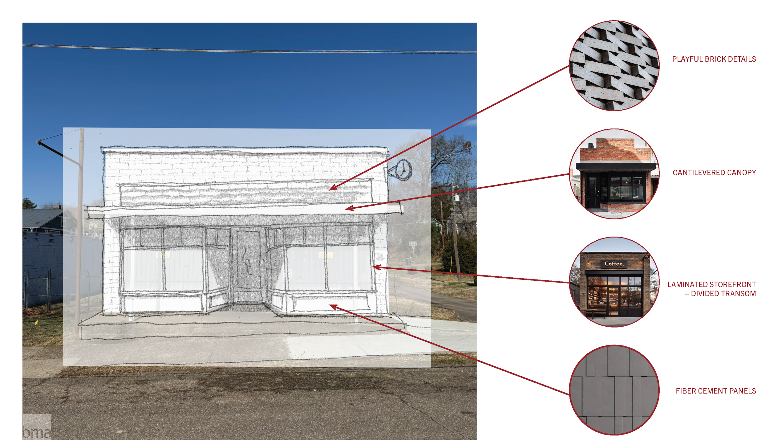 Another design option featuring a sleek cantilevered canopy, more playful brick details that speak to the violinmaker's wood blanks, and more resilient fiber cement  trim beneath modernized storefront windows.