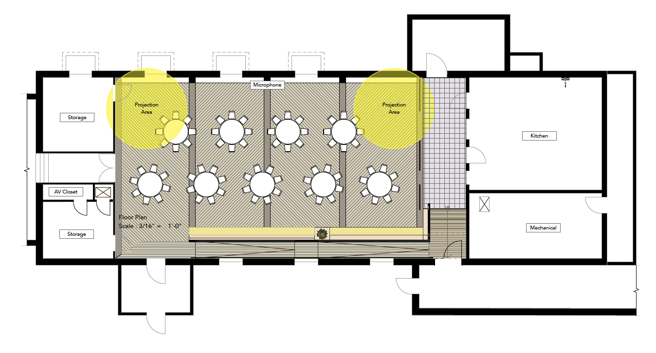 The proposed update for FCPC included a low-grade ramp, two modern projection/AV zones, and an integrated seating/storage feature.