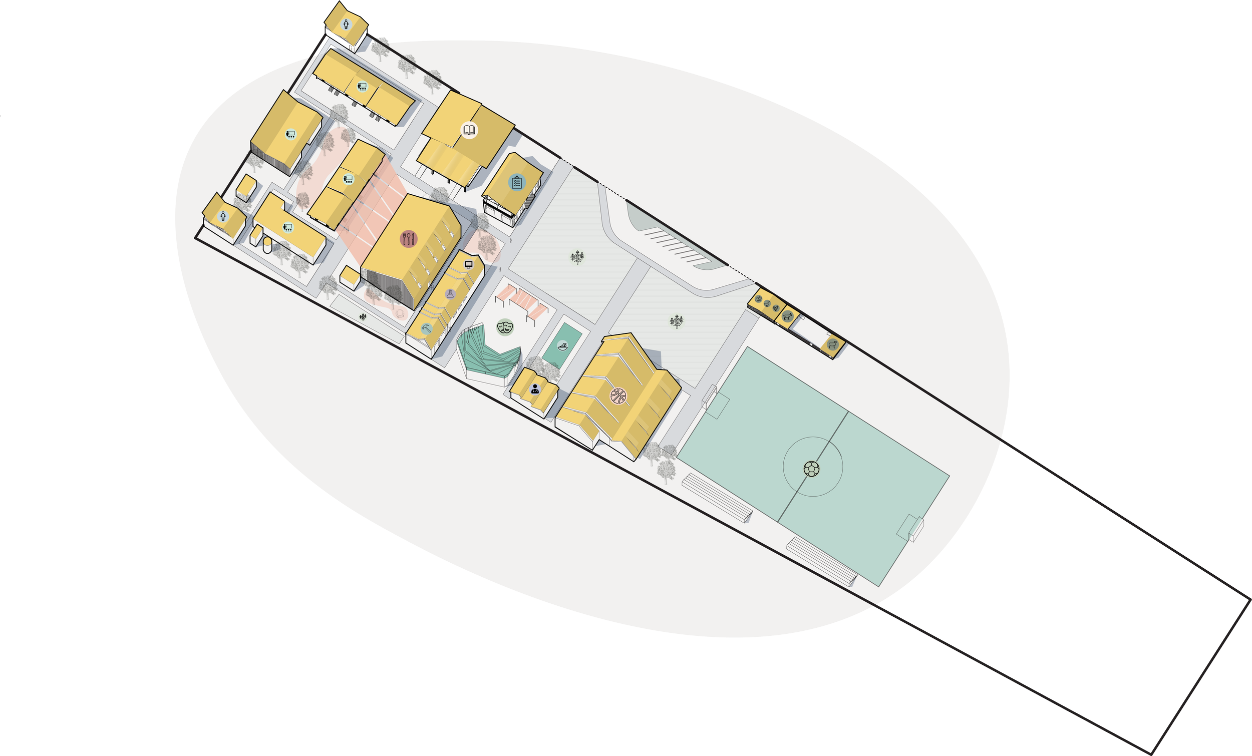 The grid-based master plan creates five programmatic strips joined by a network of avenues that mirror the existing urban grid of Chokwe. The compact design is intended to emphasizes a sense of security, flexible community space, and legible circulat