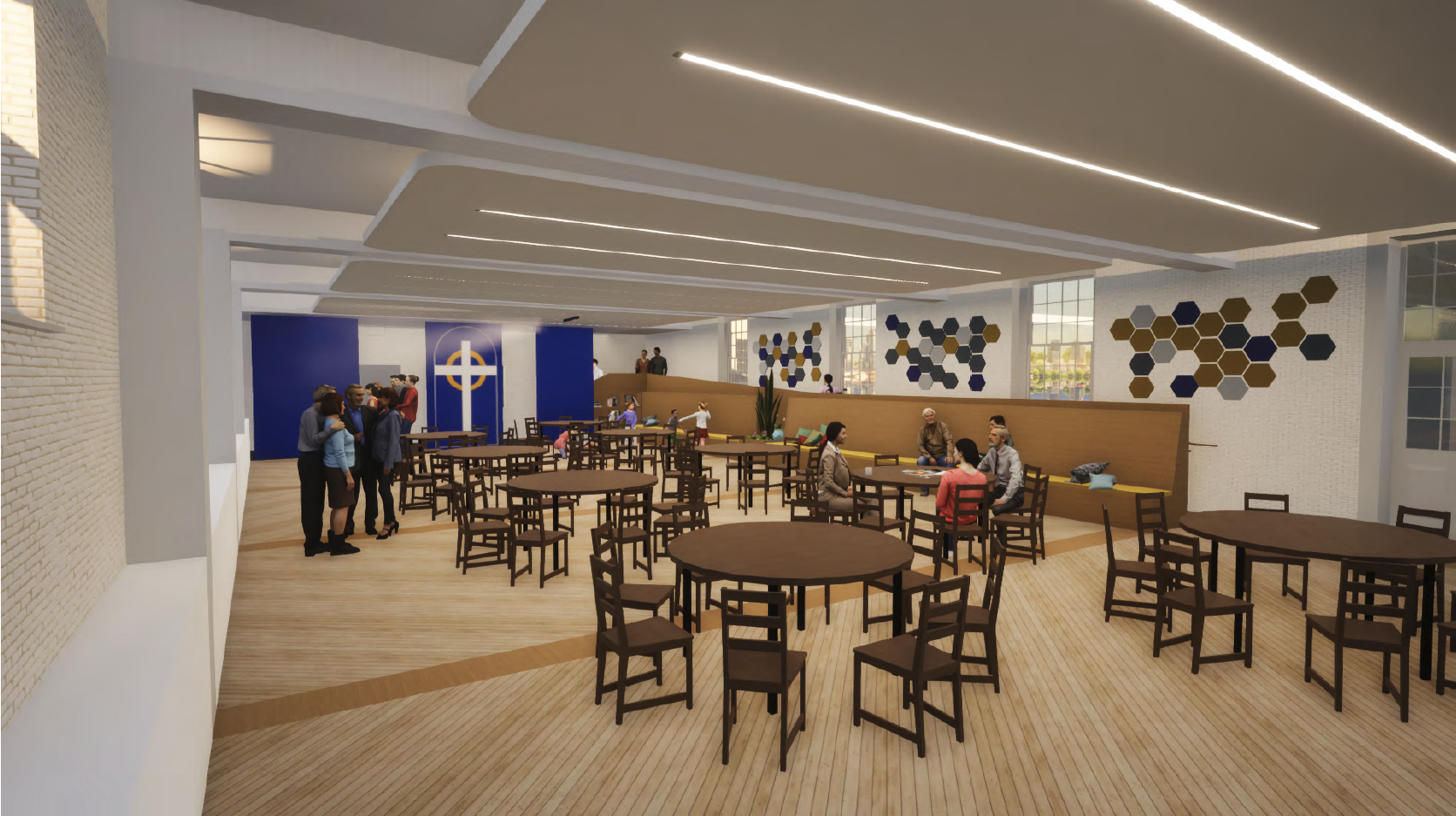 Important factors for the congregation included inviting, warm materials; diffuse, natural lighting; abundant seating; and the inclusion of a newly commissioned logo on the sliding partition wall.