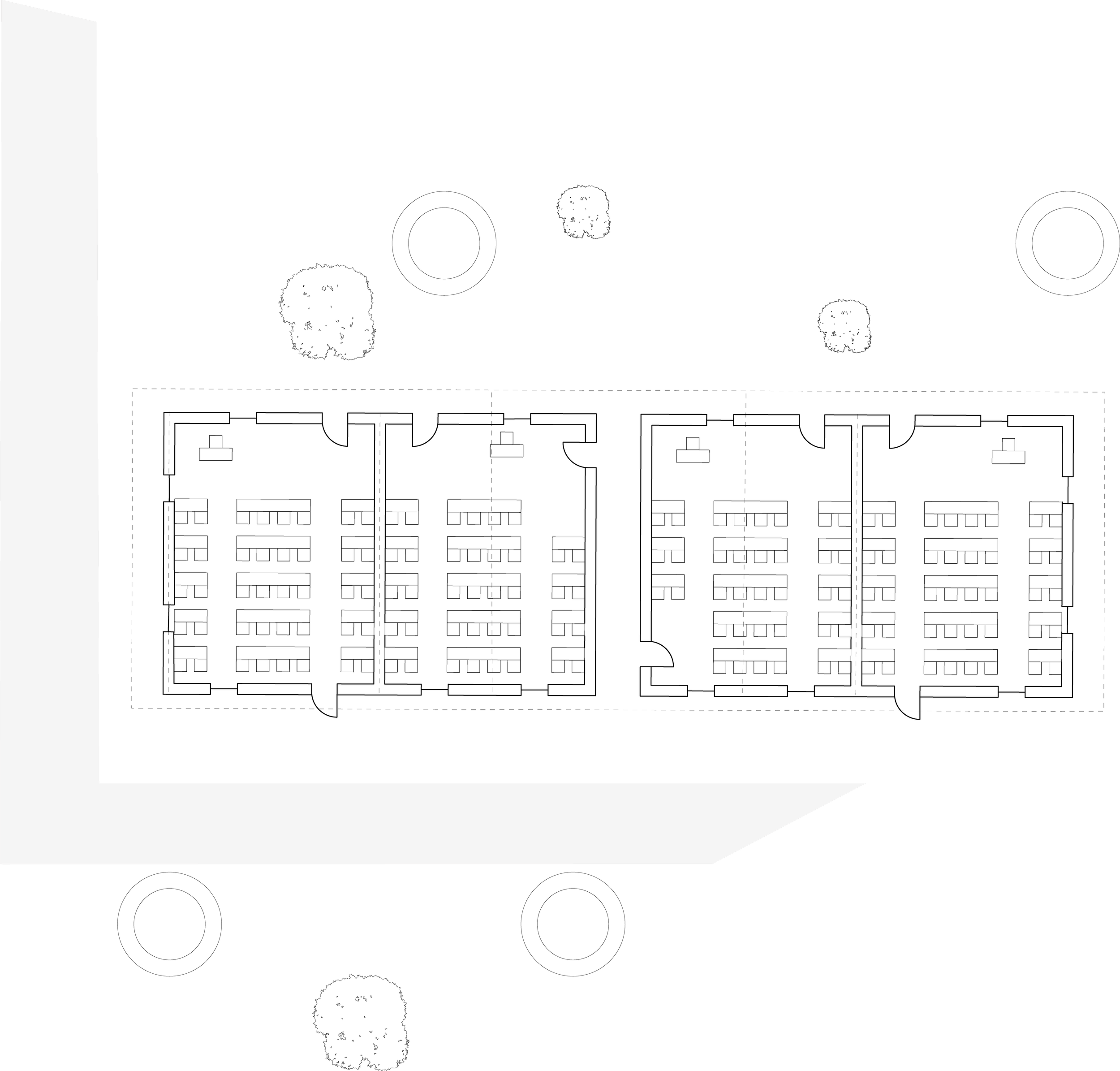 Four-room school house plan featuring a dog trot and abundant, operable apertures for improved circulation and dust control.