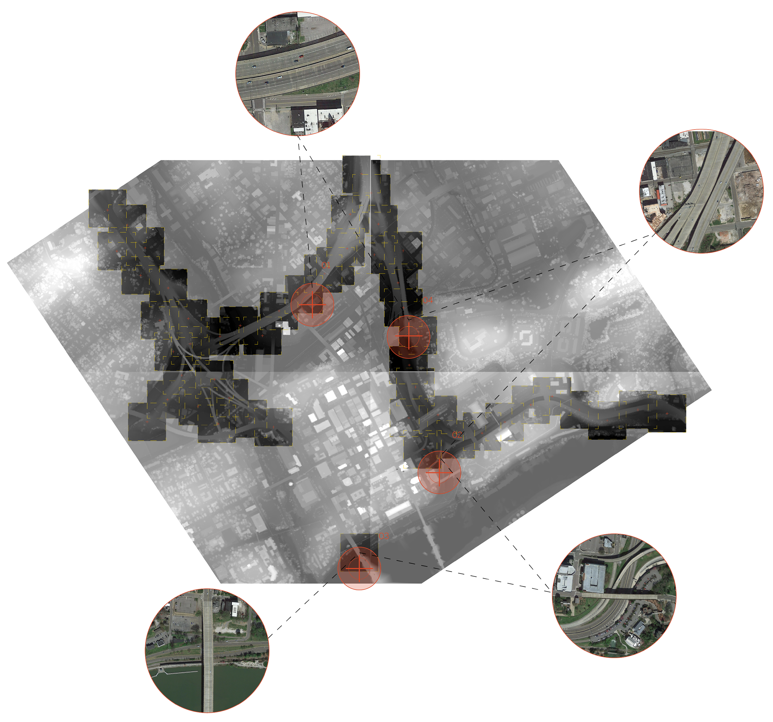 A closer look shows the connection between lighter shading and the elevated portions of the interstate. Yet the secret world beneath still remains hidden.