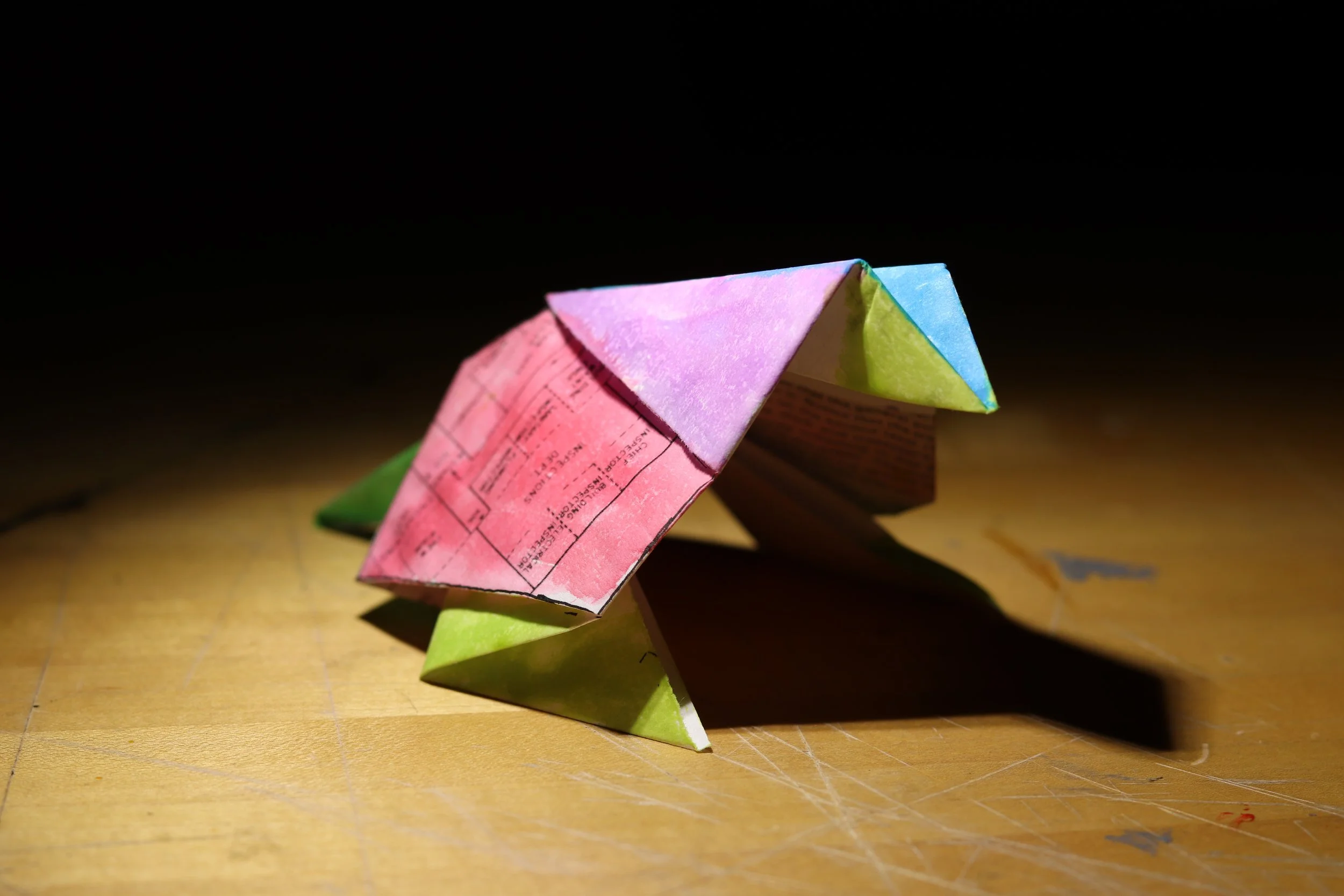 The Bird. By way of origami, the prescriptive city hall constructions become symmetrical, colorful works of geometry that engender balance, detail, and open interpretation.