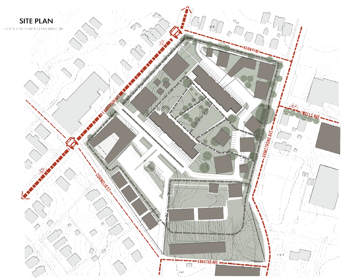 The four distinct "blocks" of Meander are united by a rambling loop of pathways, fringe parks, and promenades that encourage circulation and chance encounters among building neighbors, site residents, and community members.