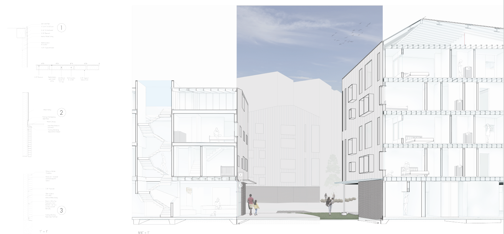 Footpaths and mini-parks interspersed between separate units create a more navigable and social housing environment.