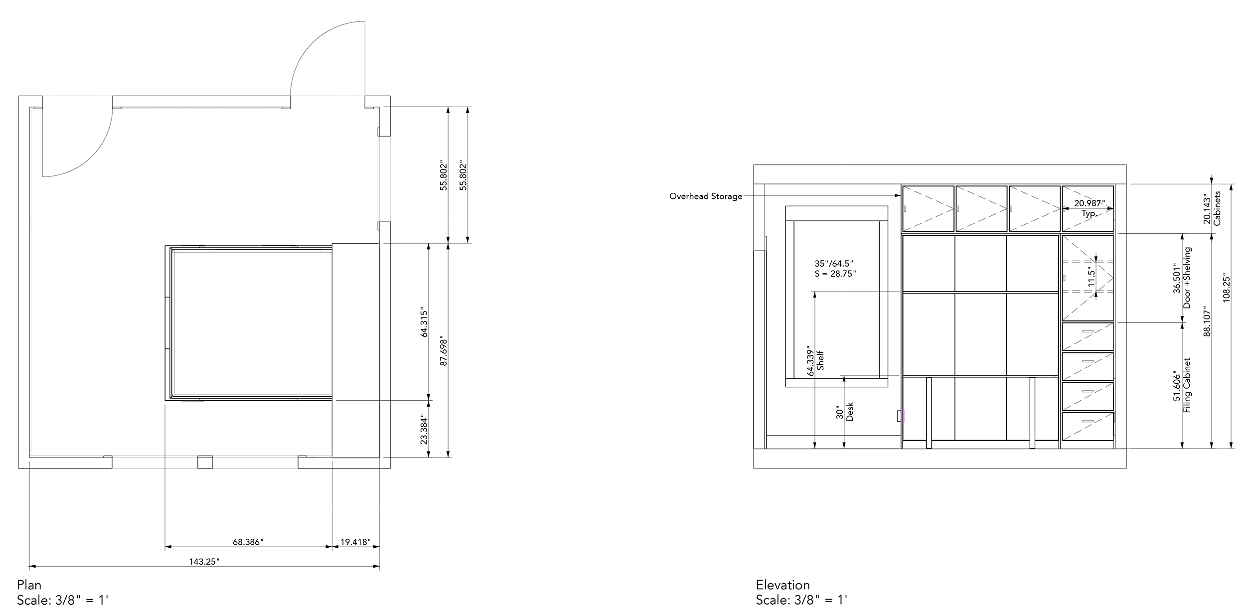 Shop drawings detailing location and dimensions of designed wall bed.