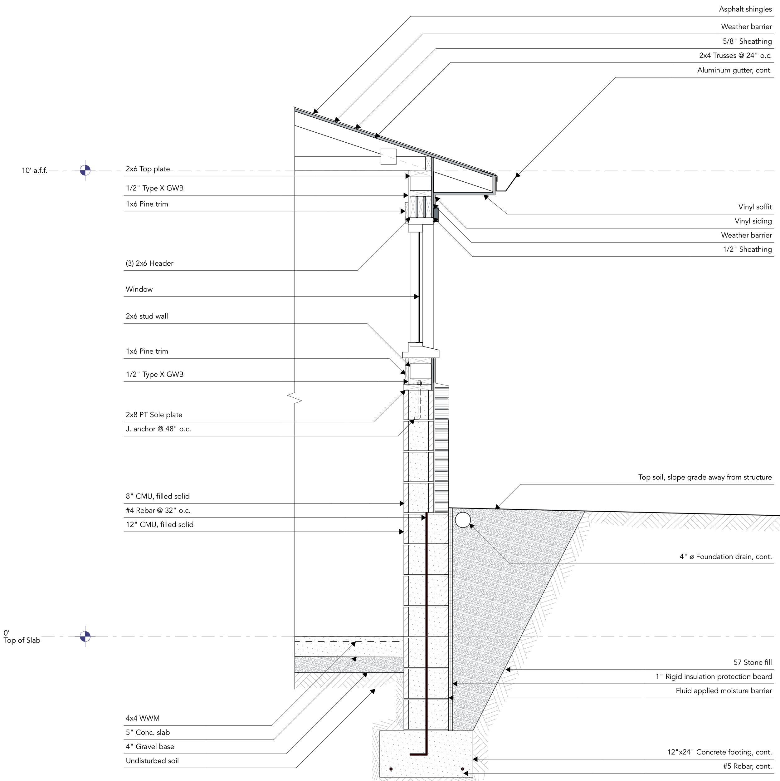 Wall section for the new garage detailing foundation considerations, brick veneer, and window and roof framing.