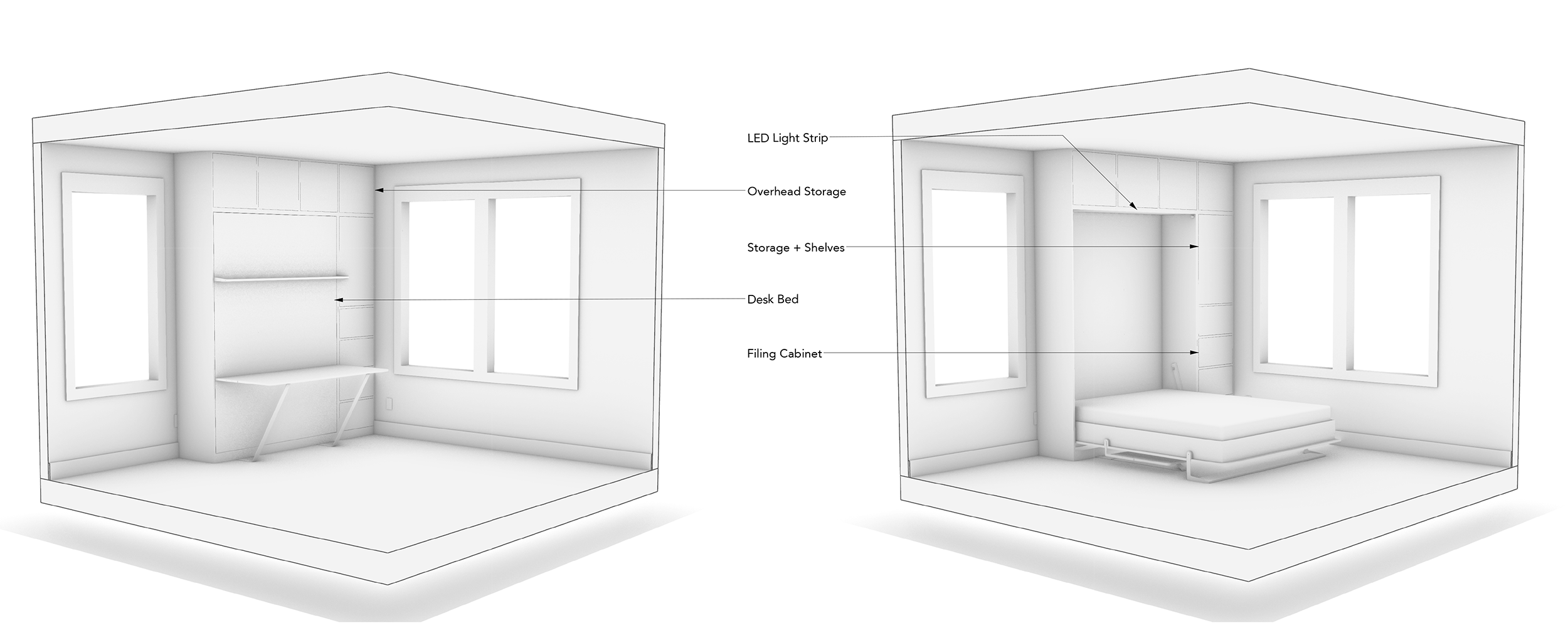 Test-fit render to simulate how the space feels with the bed closed and opened.