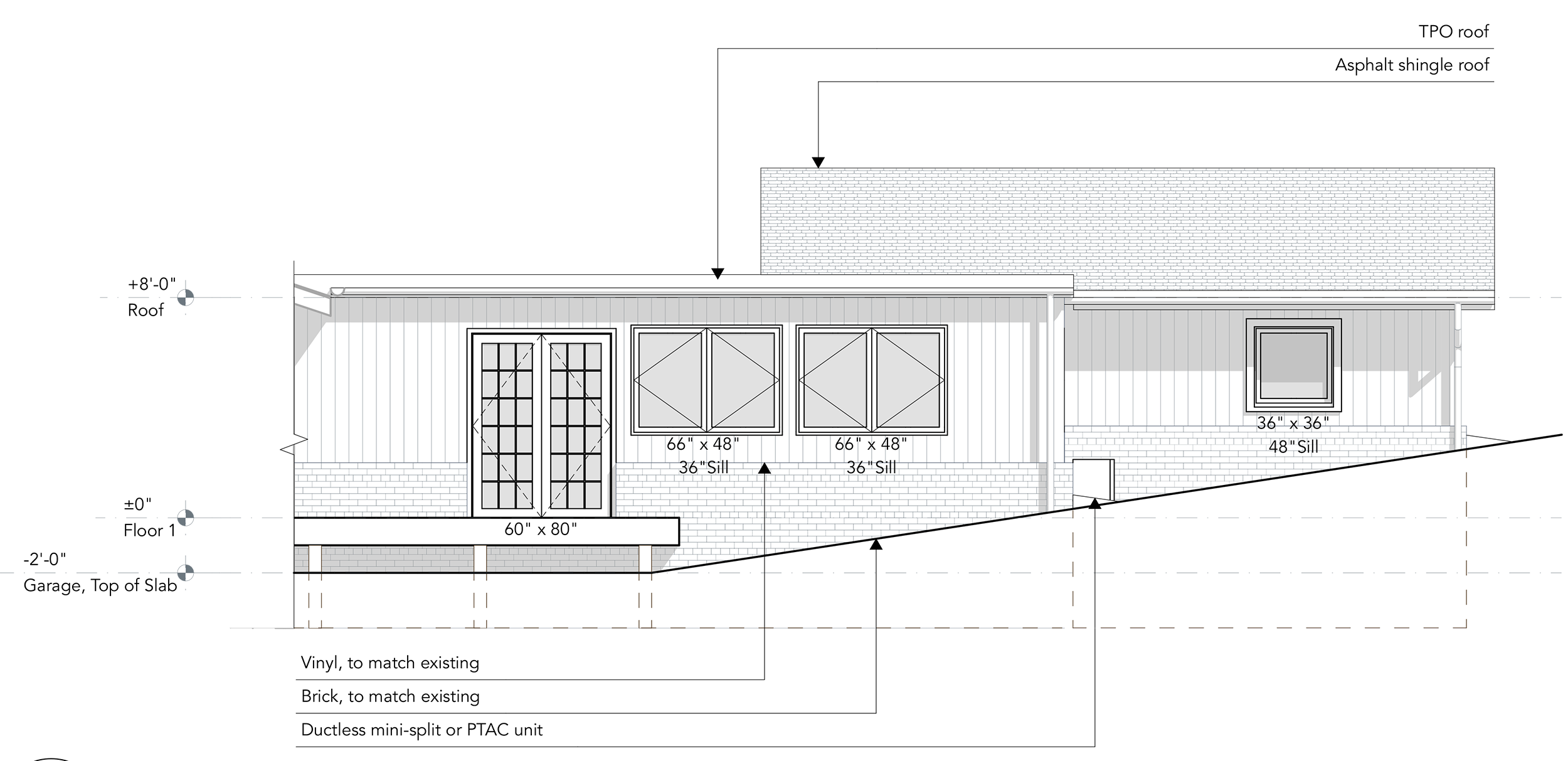 Elevation depicting solarium with new porch, French doors, and casement windows.