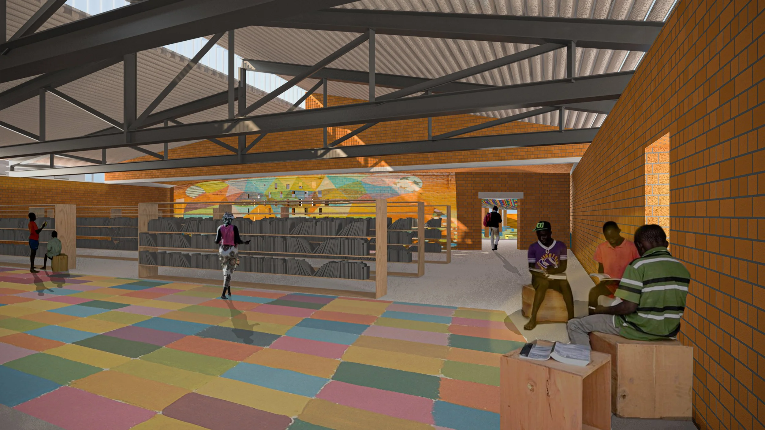 Library interior utilizing paint as a low-cost option for bringing personality and vitality into an otherwise basic space. The clerestory roof introduces additional daylight into a wide plan.