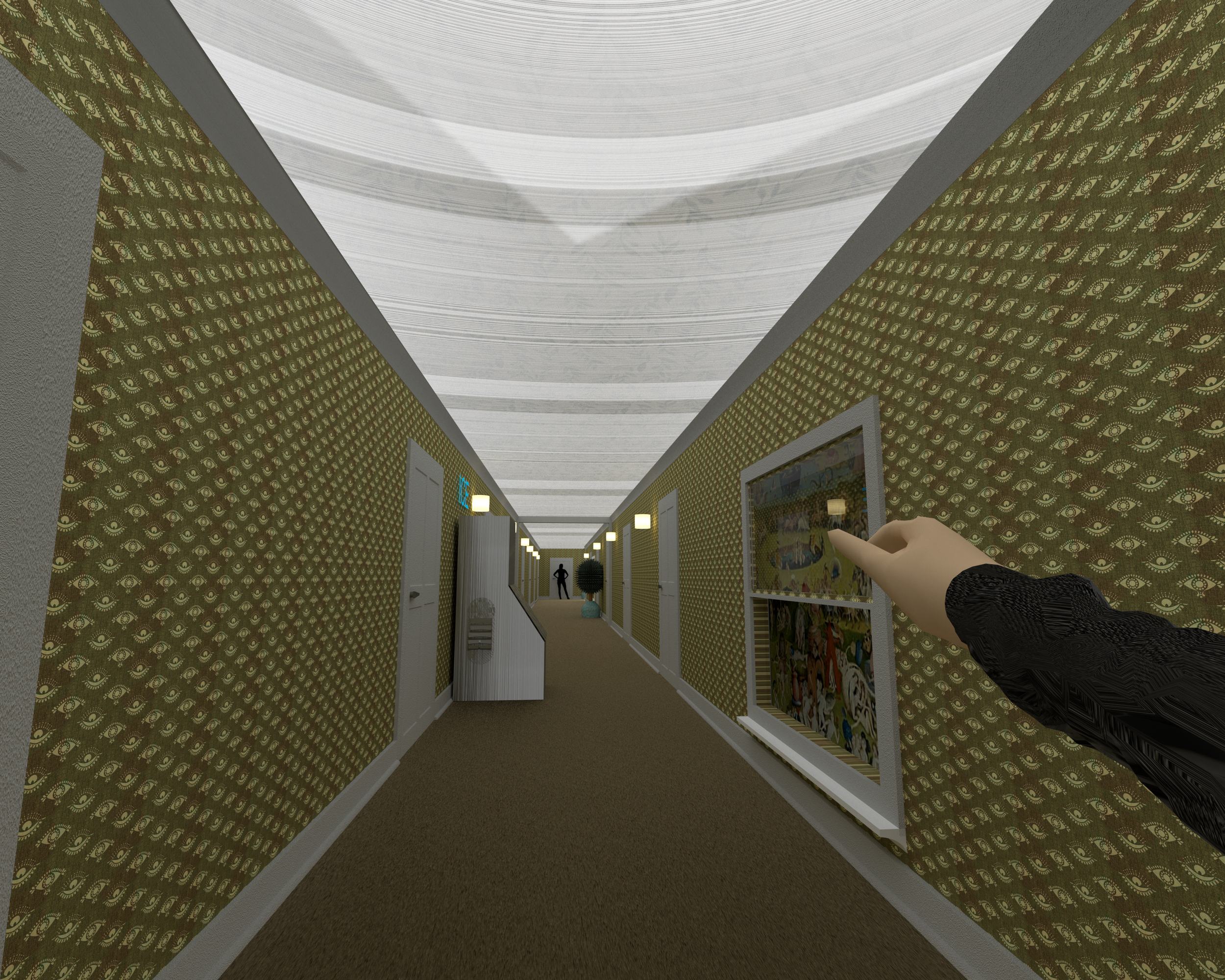 He looked to the side, and she was there, standing at the end of the hallway, watching. Watching. Watching.