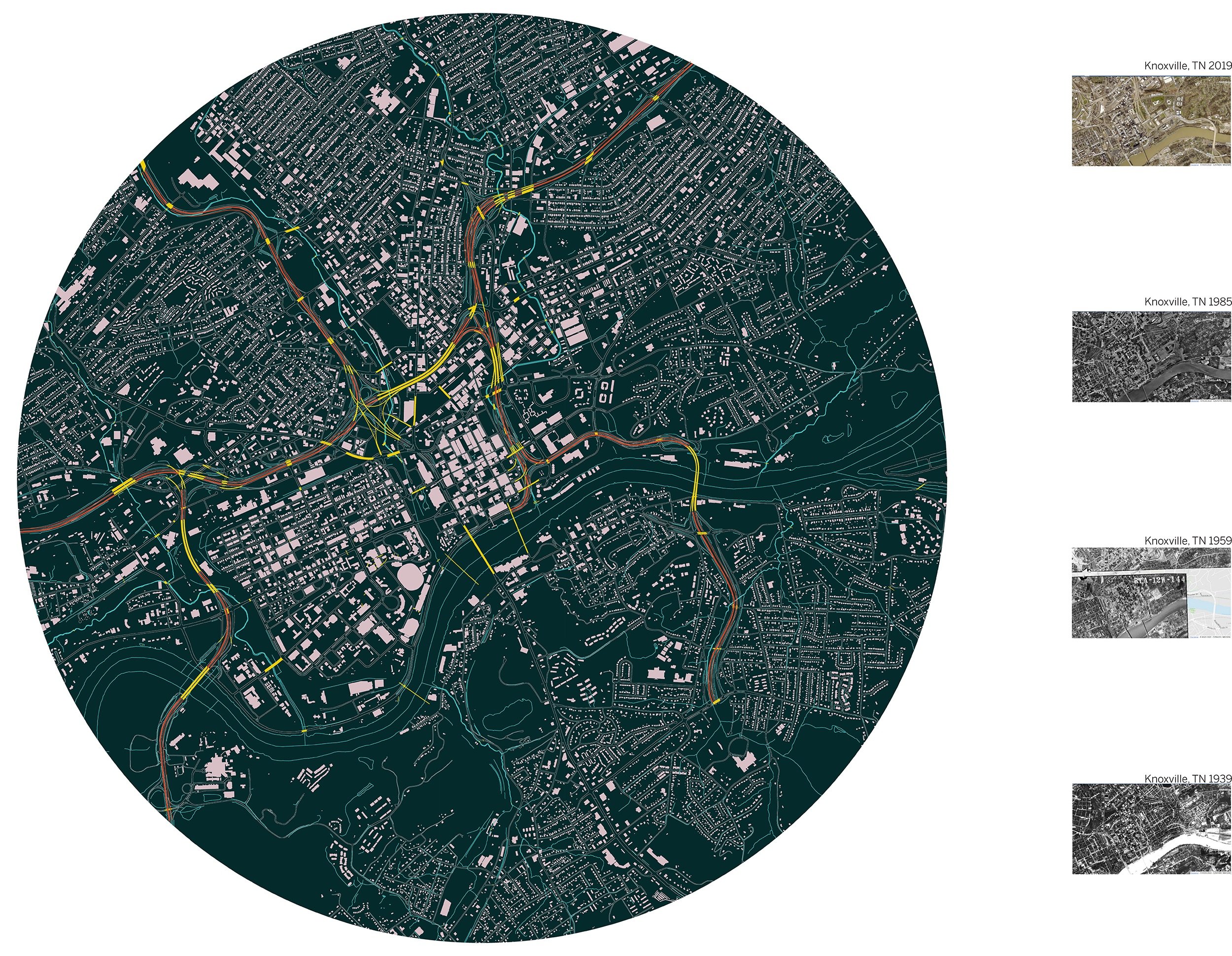 This map highlights the extensive transit infrastructure within just a 2.5 mile radius of downtown. When compared to aerial photography since 1935, the rapid increase in interstate surface (highlighted in yellow) is striking indeed.