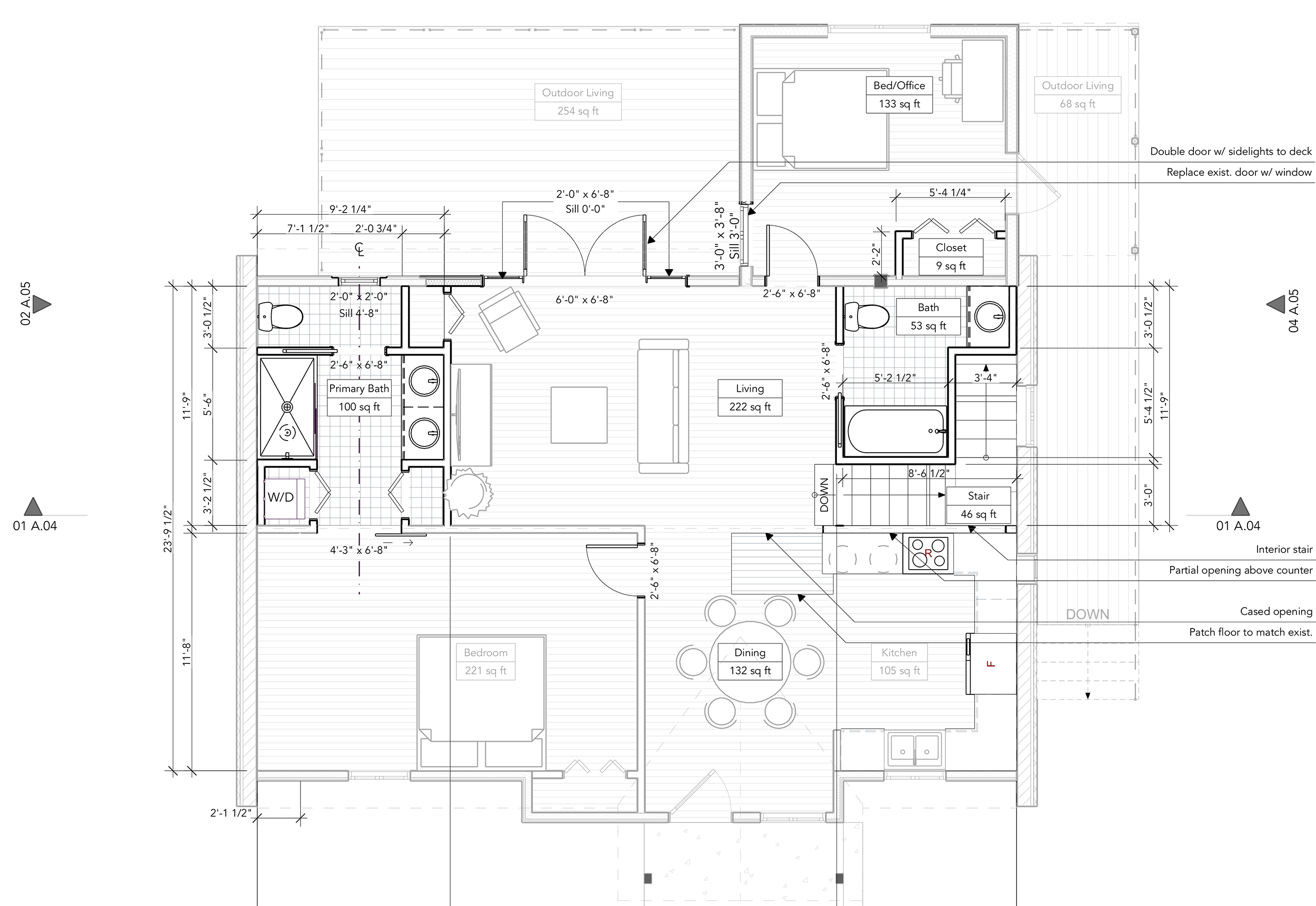 Changes to the floor plan included the addition of primary and guest baths, relocation of stairs to basement, opening the kitchen to the living space, and adding doors to the exterior porch