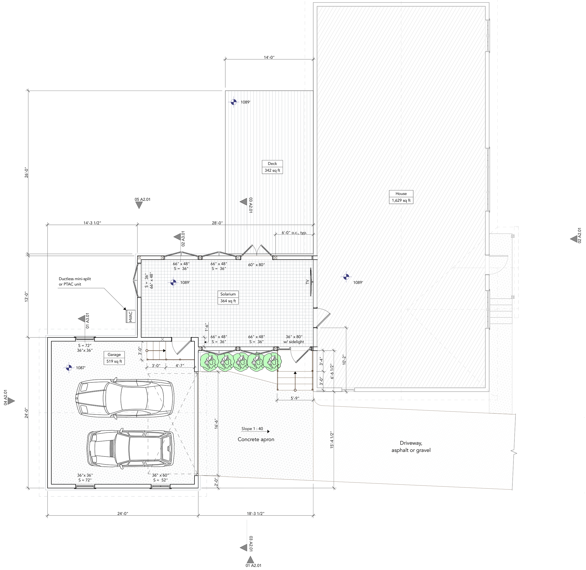 As seen in this floor plan, the solarium provides a linear connections between the garage, back patio, back yard, driveway, and existing home.