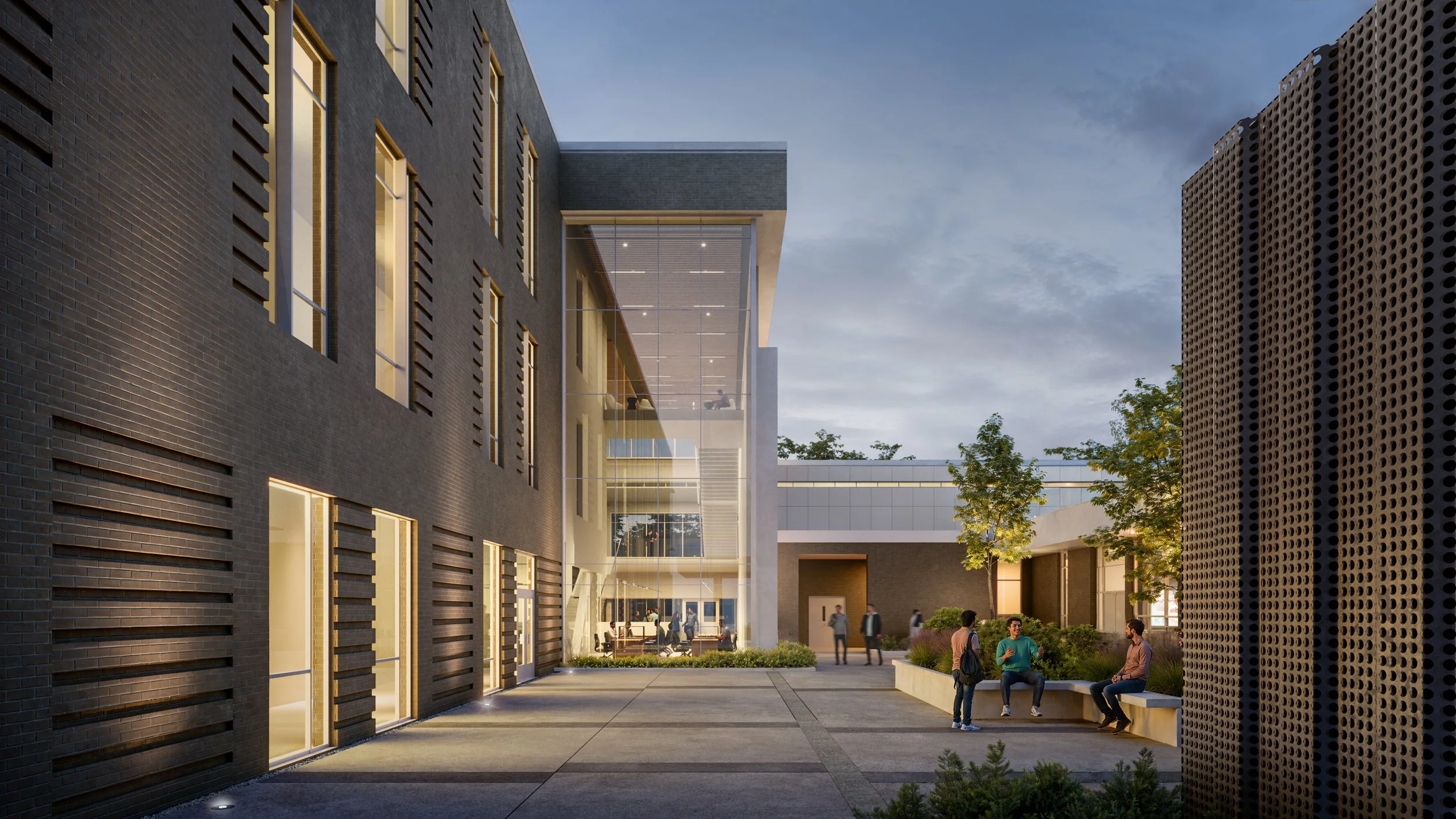 Proposed courtyard improves the connection between the existing building and the new, providing a calm third space for students to study, socialize, or simply recharge. Rendering courtesy of Fortes.Vision.