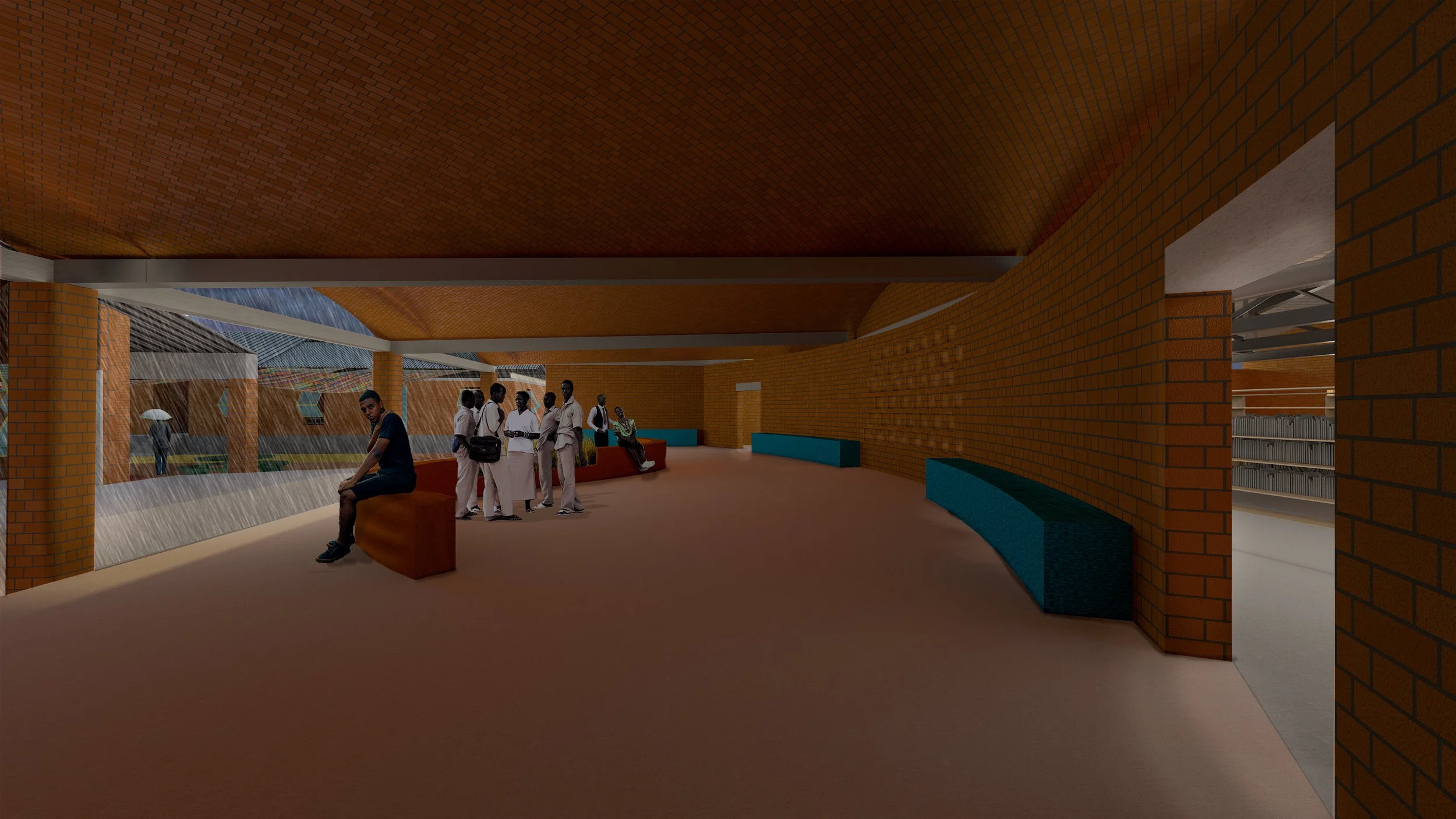 Library exterior patio for social gathering, shade, and informal learning.