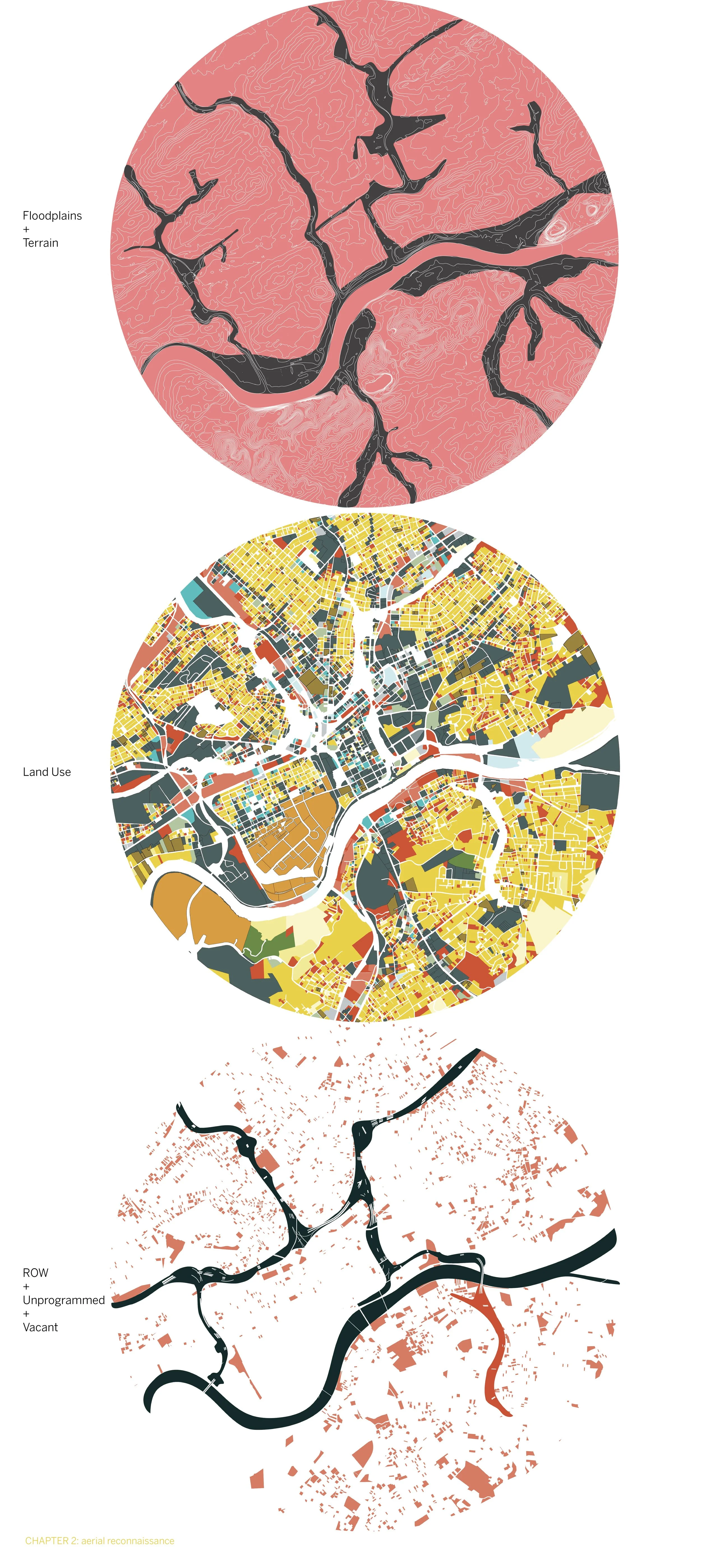 By viewing Knoxville's topography, existing land use, and unclassified/EOTW land together, it becomes obvious how much liminal space around transportation infrastructure remains undeveloped.