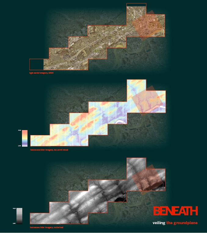 Modern mapping technology uses pulsed light to take detailed elevation readings from the sky, providing a deeper understanding of the city. Through the variations in shade,
one can get a better sense of terrain, as seen in this study of I-40.