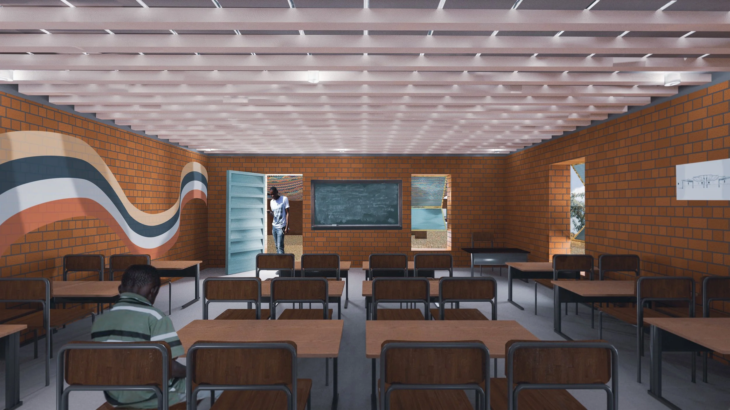 Classroom interior highlighting the operable shutters, dry-stack tile ceiling, and low-tech bottle lighting.