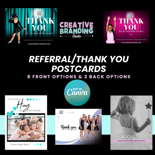 Preview of referral, recital and thank-you postcard templates for dance studios