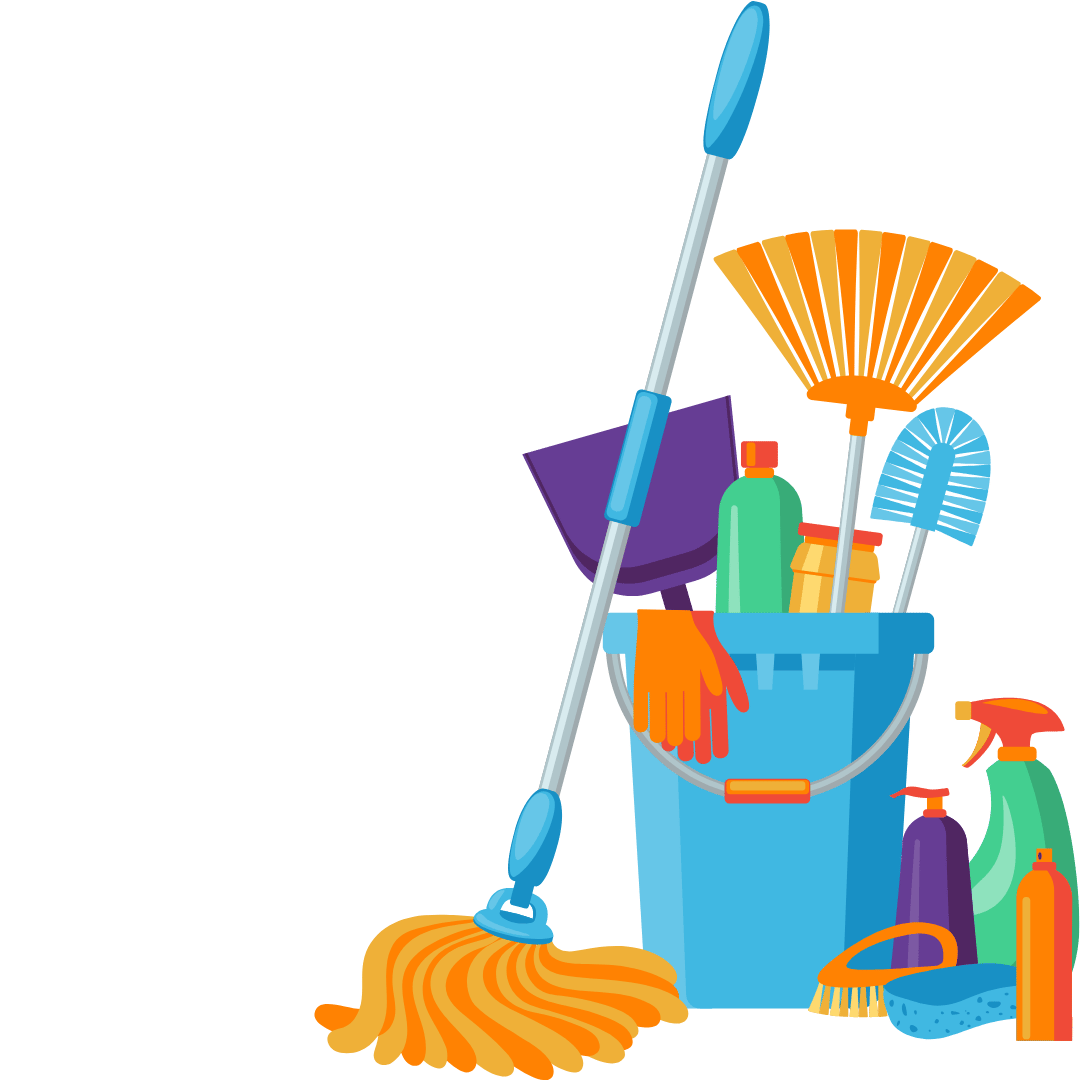 Illustration of various cleaning supplies including a mop, bucket, broom, dustpan, spray bottles, brushes, and cleaning gloves.