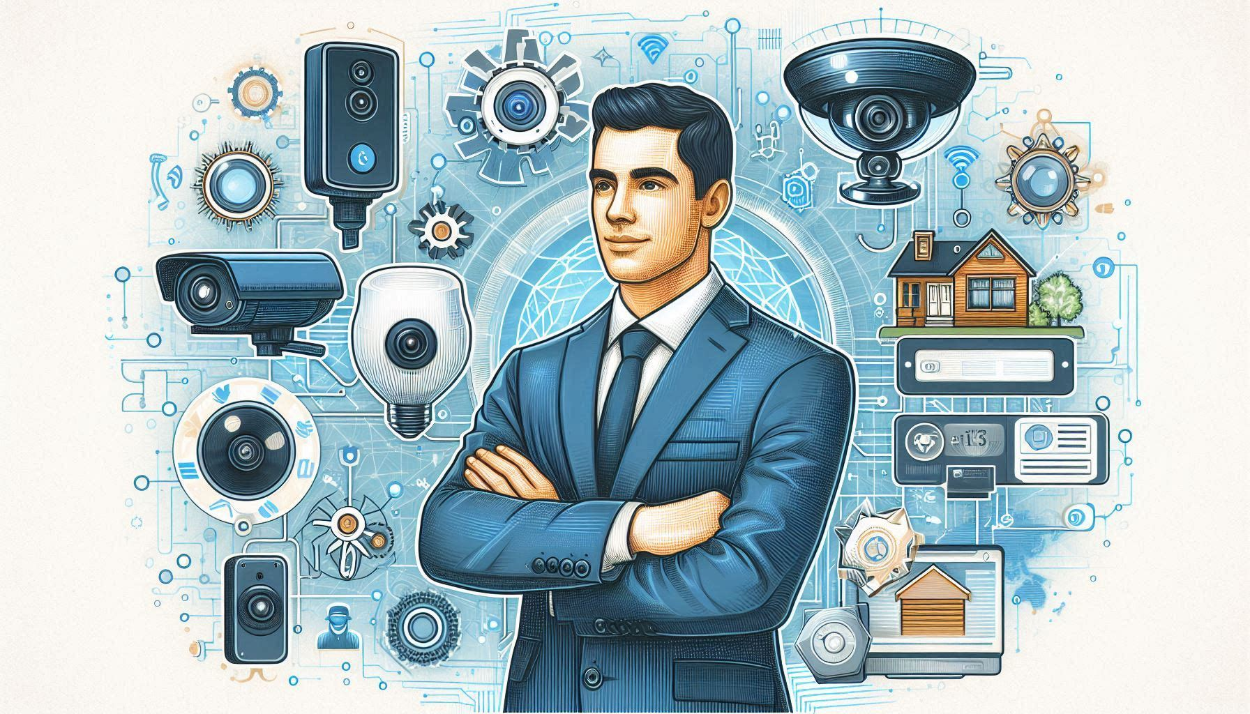 Illustration of a confident man in a suit surrounded by various security cameras and technology symbols, including smart home devices, digital icons, and gears, representing modern home security and technology integration.