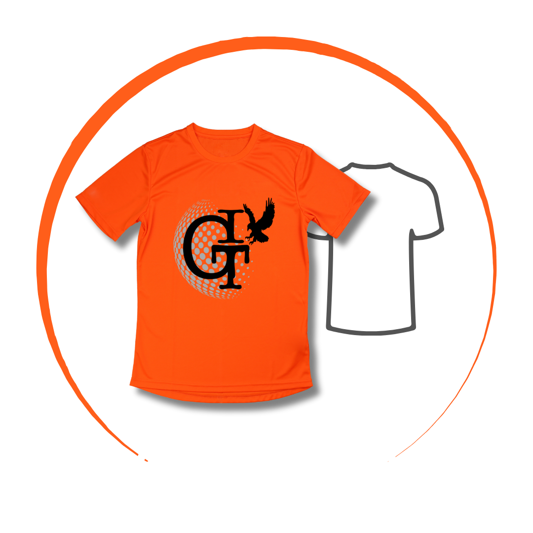 Orange shirt with a logo on it