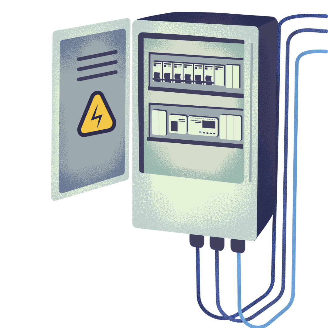 Illustration of an open electrical panel with switches and cables.