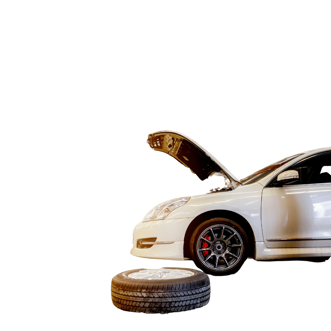 White car with its hood open and a tire on the ground, isolated against a green background.