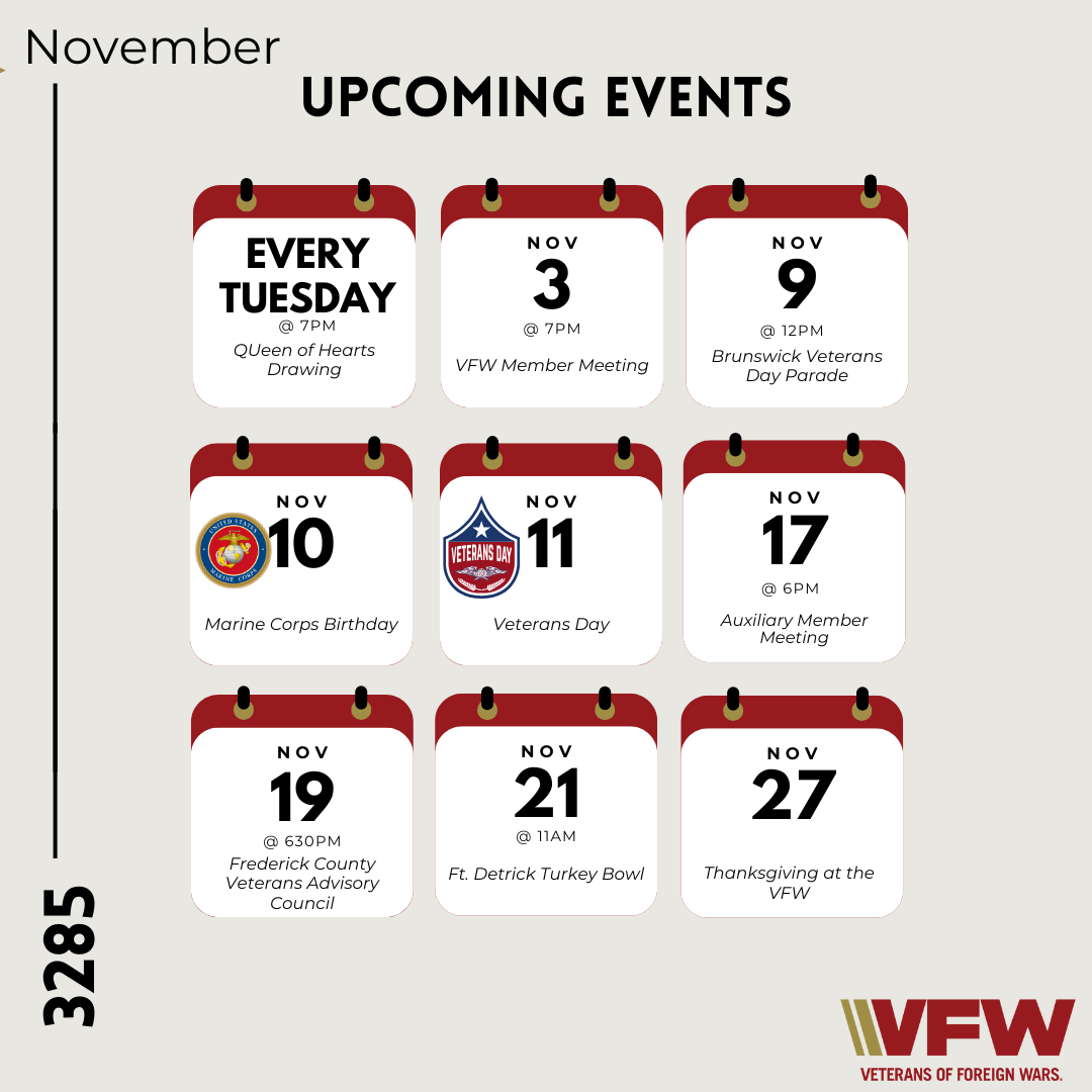 A calendar showcasing upcoming Veterans of Foreign Wars (VFW) events for November, including meetings, parades, birthdays, and holidays, with dates, times, and descriptions.