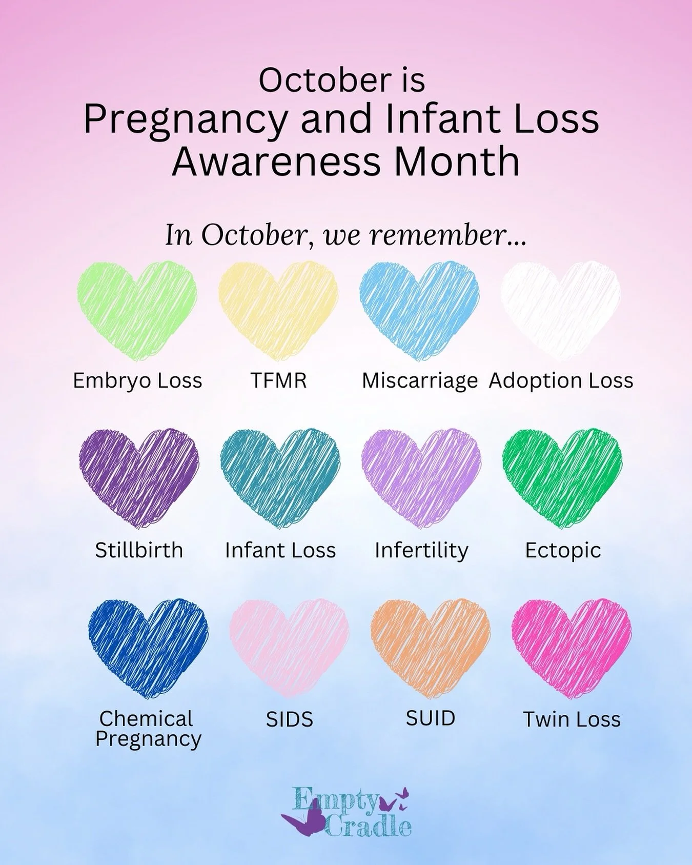 💗 October is Pregnancy and Infant Loss Awareness Month 💗
1 in 4 families will experience the heartbreaking loss of a baby or pregnancy.
This month, we pause to remember and honor all the little lives gone too soon 🦋
Let&rsquo;s break the silence, 