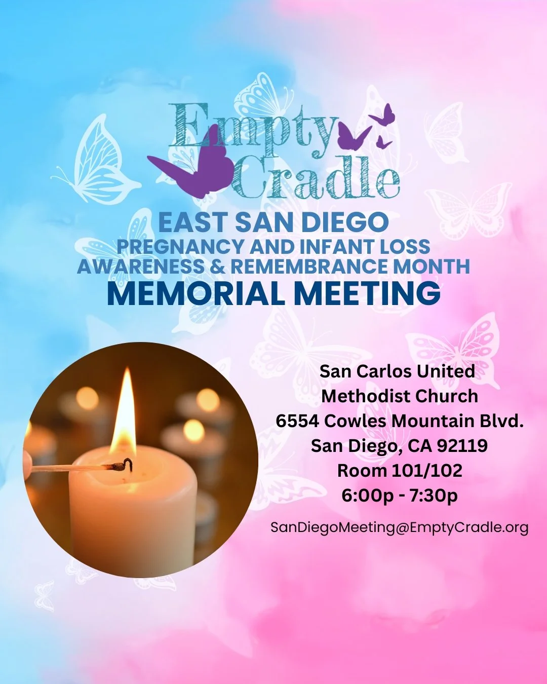 Please join us for our East County/Central San Diego Empty Cradle Memorial Meeting on Monday, October 13 from 6:00 - 7:30 pm.  THIS MONTH&rsquo;S MEETING IS A MEMORIAL MEETING IN HONOR OF PREGNANCY AND INFANT LOSS AWARENESS MONTH. We will hold a memo