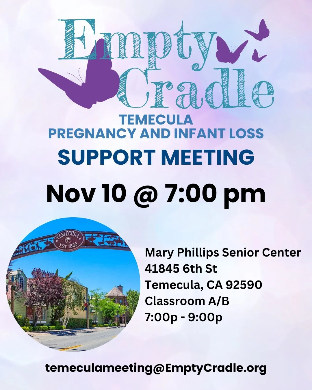 Please join us for our Temecula Empty Cradle Support Meeting, Monday, November 10 from 7:00 to 9:00 pm. This month, we will be decorating rocks for the memorial garden at Rancho Springs Hospital. Rocks and painting supplies will be provided, but you 