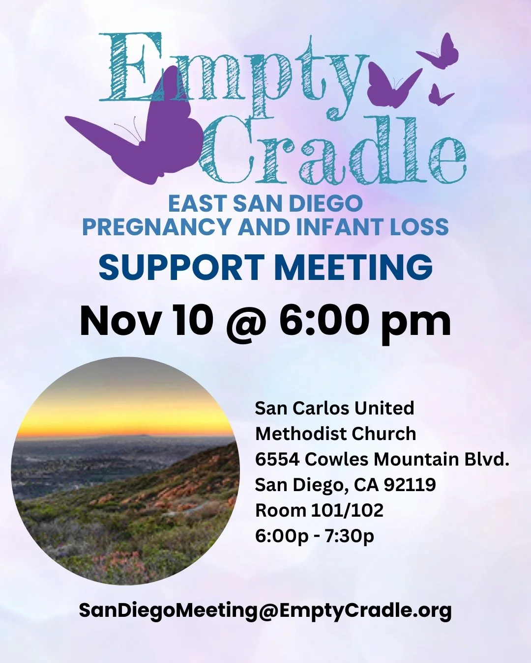 Please join us for our East County/Central San Diego Empty Cradle Support Meeting tonight, Monday, November 10 from 6:00 - 7:30 pm.  The meeting is held at San Carlos United Methodist Church at 6554 Cowles Mountain Blvd San Diego in room 101/102. Roo