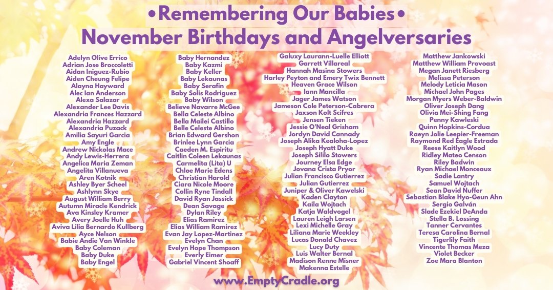 ✨ November Birthdays &amp; Angelversaries ✨�
Each month, we honor and remember the precious babies gone too soon. If you would like your baby included in a future remembrance post, please email us at Remembrance@emptycradle.org or comment below. 💕
Y