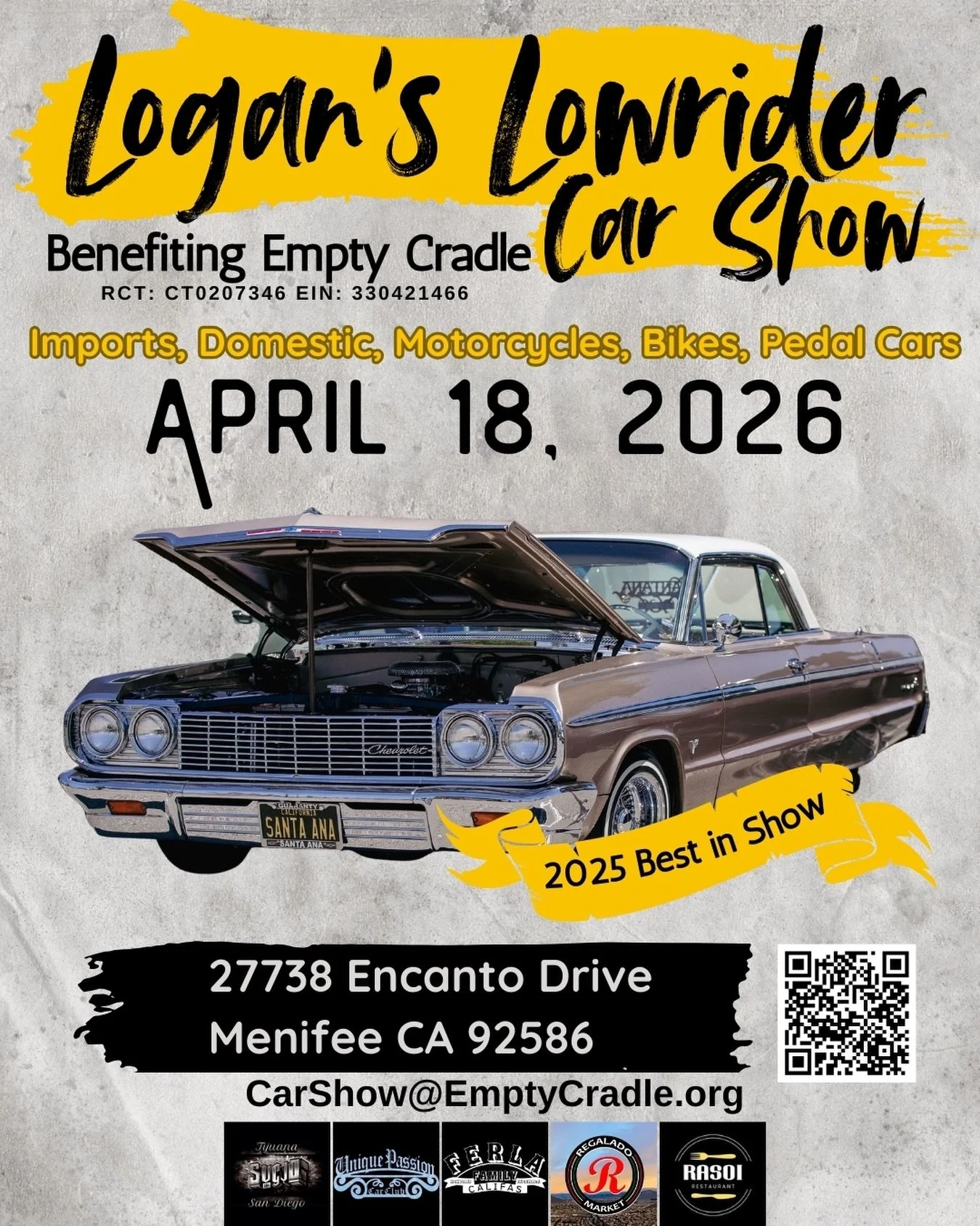 2nd Annual Logan&rsquo;s Lowrider Benefit Car Show &ndash; Benefiting Empty Cradle
Join us for the 2nd Annual Logan&rsquo;s Lowrider Benefit Car Show! Cruise in, show off, and celebrate with fellow car enthusiasts&mdash;all while supporting a meaning