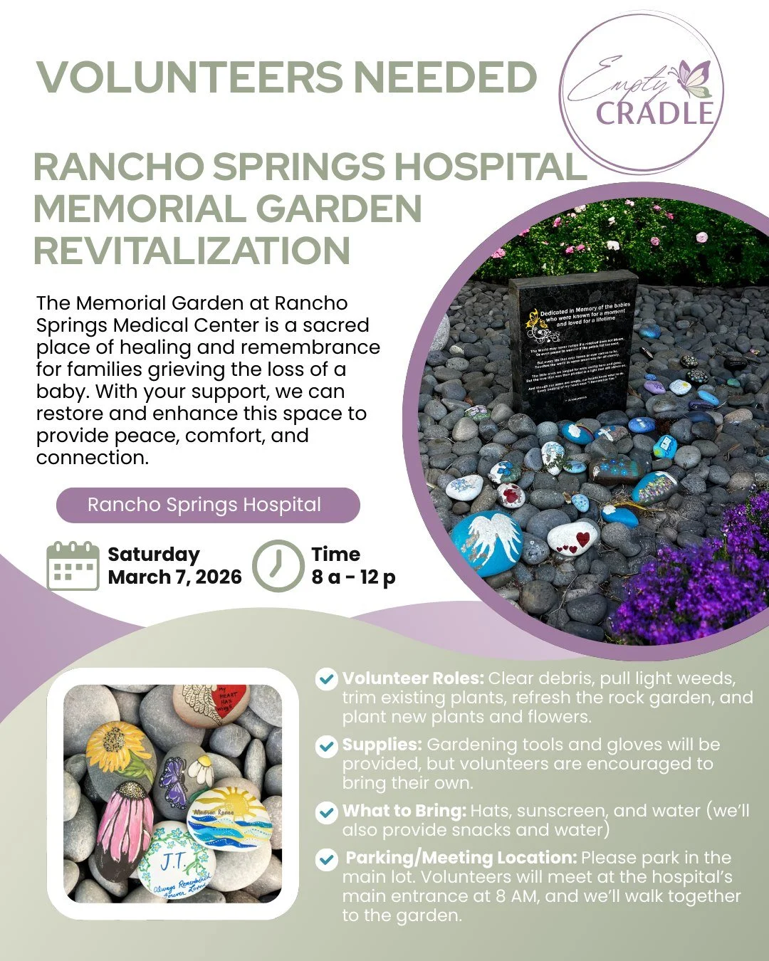 Join us on Saturday, March 7 as we partner with Rancho Springs Hospital to revitalize their Memorial Garden &mdash; a special space of remembrance and reflection for families.
Signup: https://www.signupgenius.com/go/9040848ADAF2CA1FC1-62216110-rancho