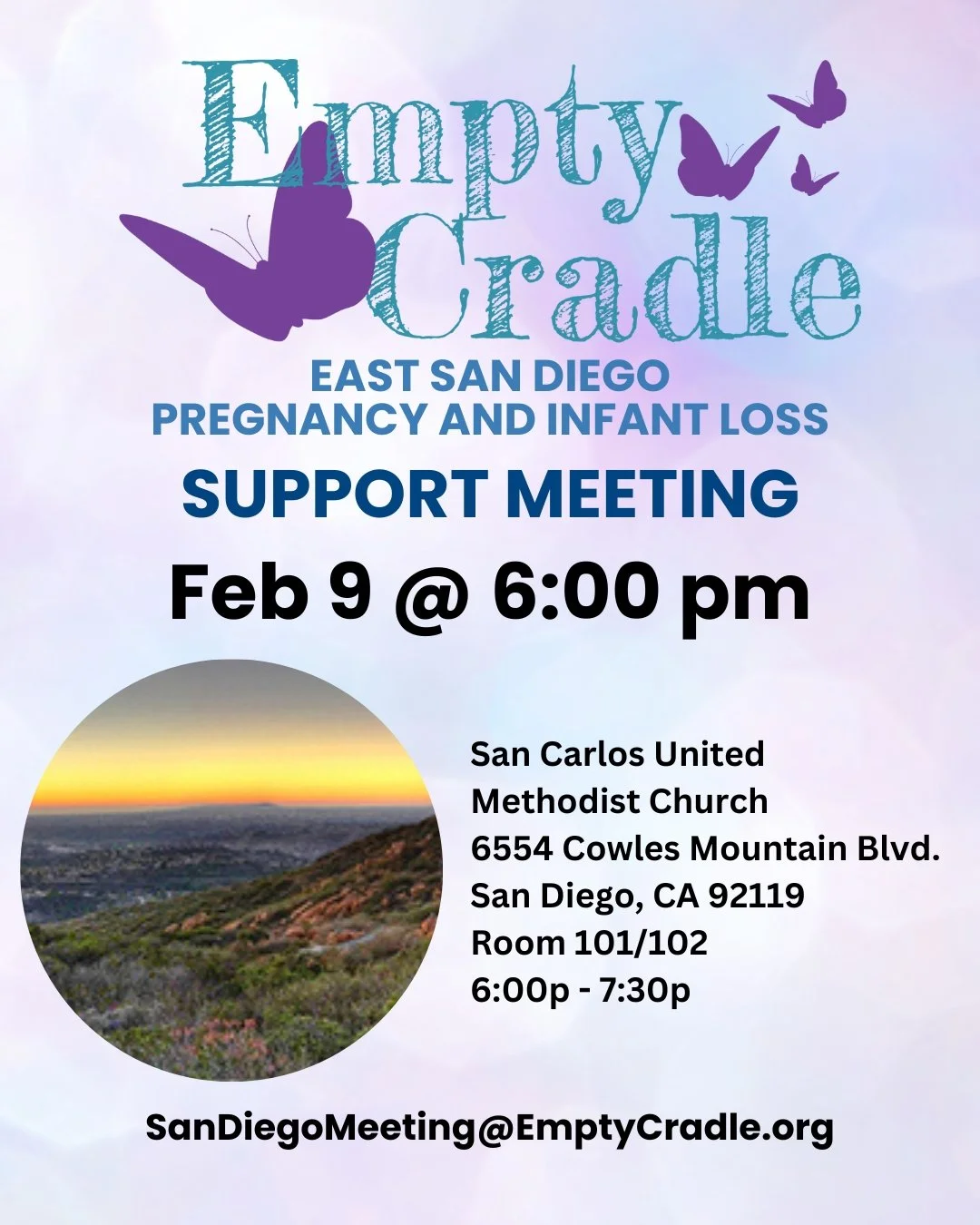 Please join us for our East County/Central San Diego Empty Cradle Support Meeting tonight, Monday, February 9 from 6:00 - 7:30 pm.  The meeting is held at San Carlos United Methodist Church at 6554 Cowles Mountain Blvd San Diego in room 101/102. Room