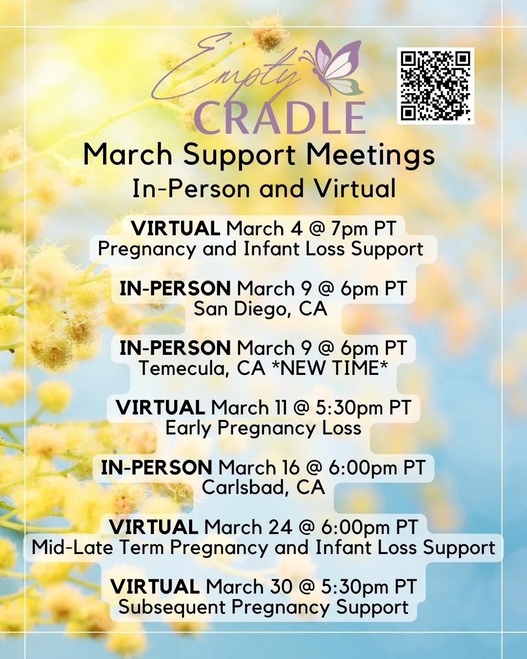 Join us for our March Support Meetings. We have 3 in-person meetings (Temecula, San Diego &amp; Carlsbad) and 4 virtual support meetings this month. #SupportMeetings 
Please continue to check our website for support meeting updates! 
https://www.empt